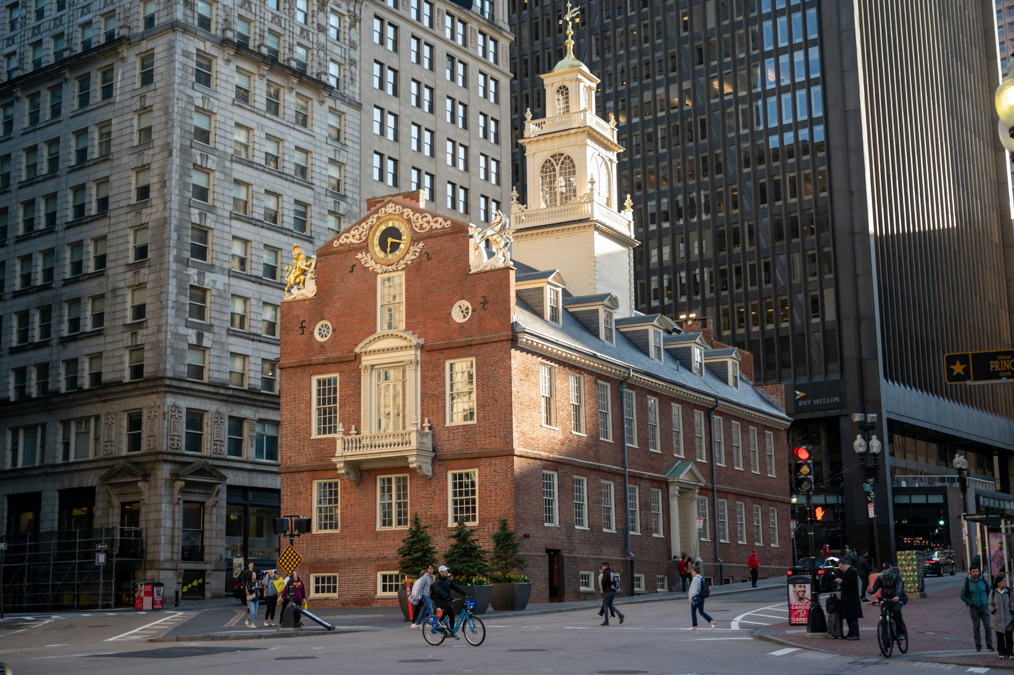 The Old State House on the Freedom Trail, surrounded by downtown Boston towers.