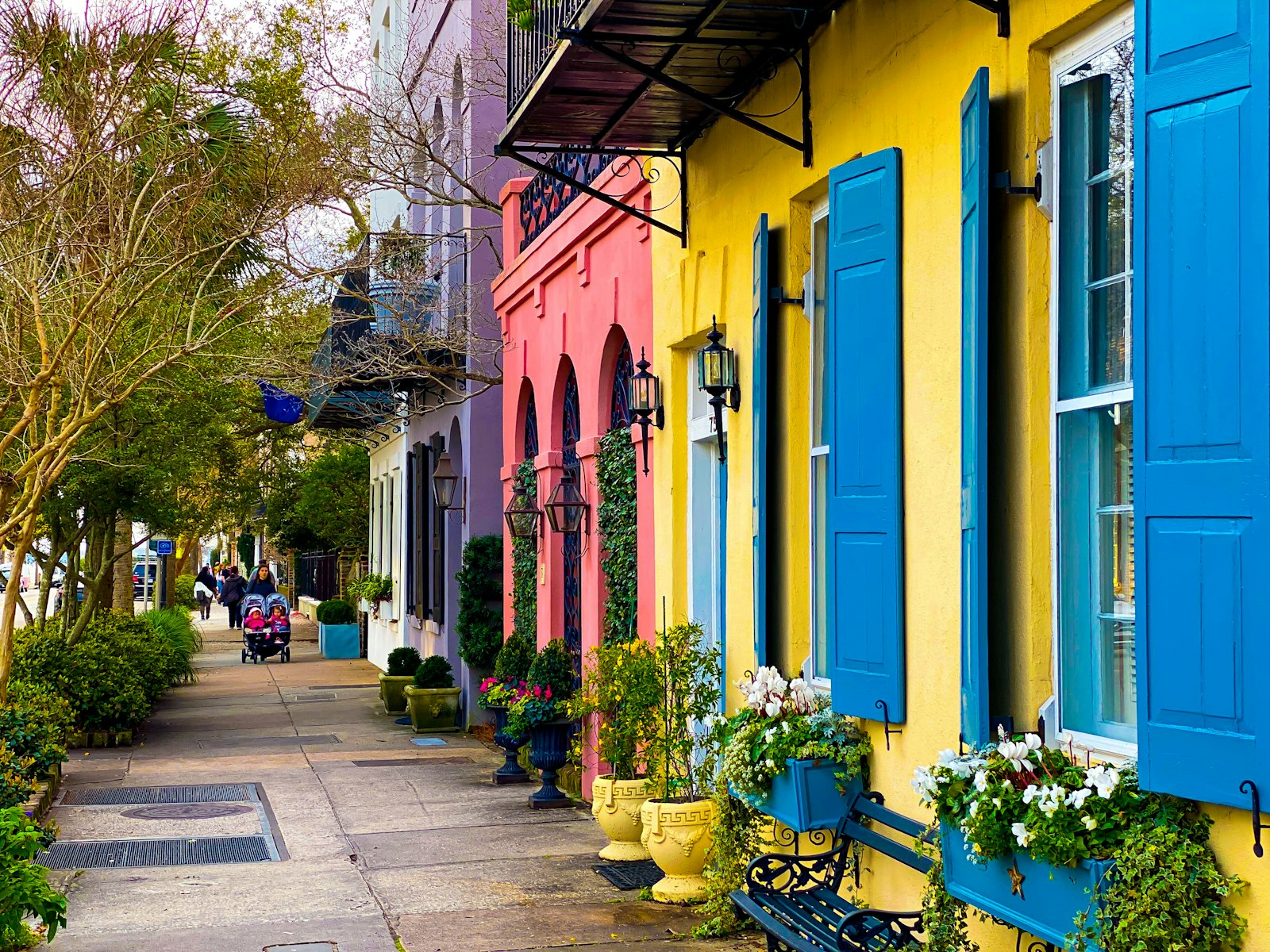 The pastel houses of Rainbow Row in historic Charleston.
