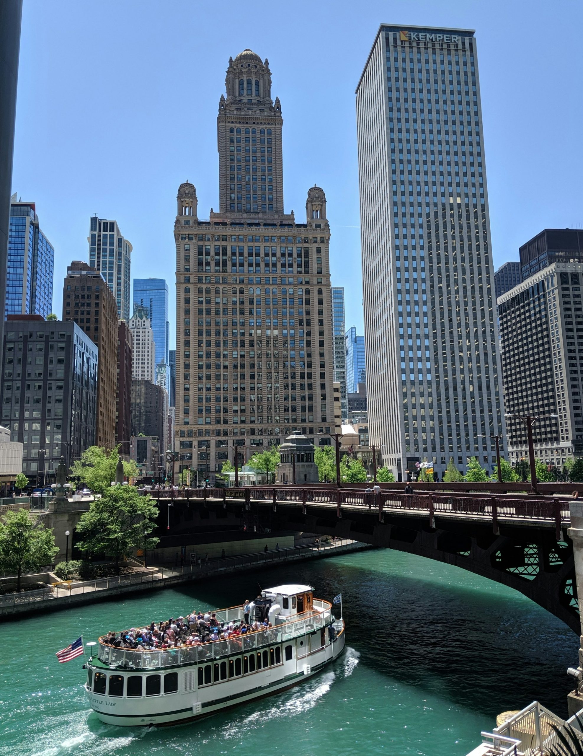 The Chicago River running between downtown towers, with a bridge crossing it.