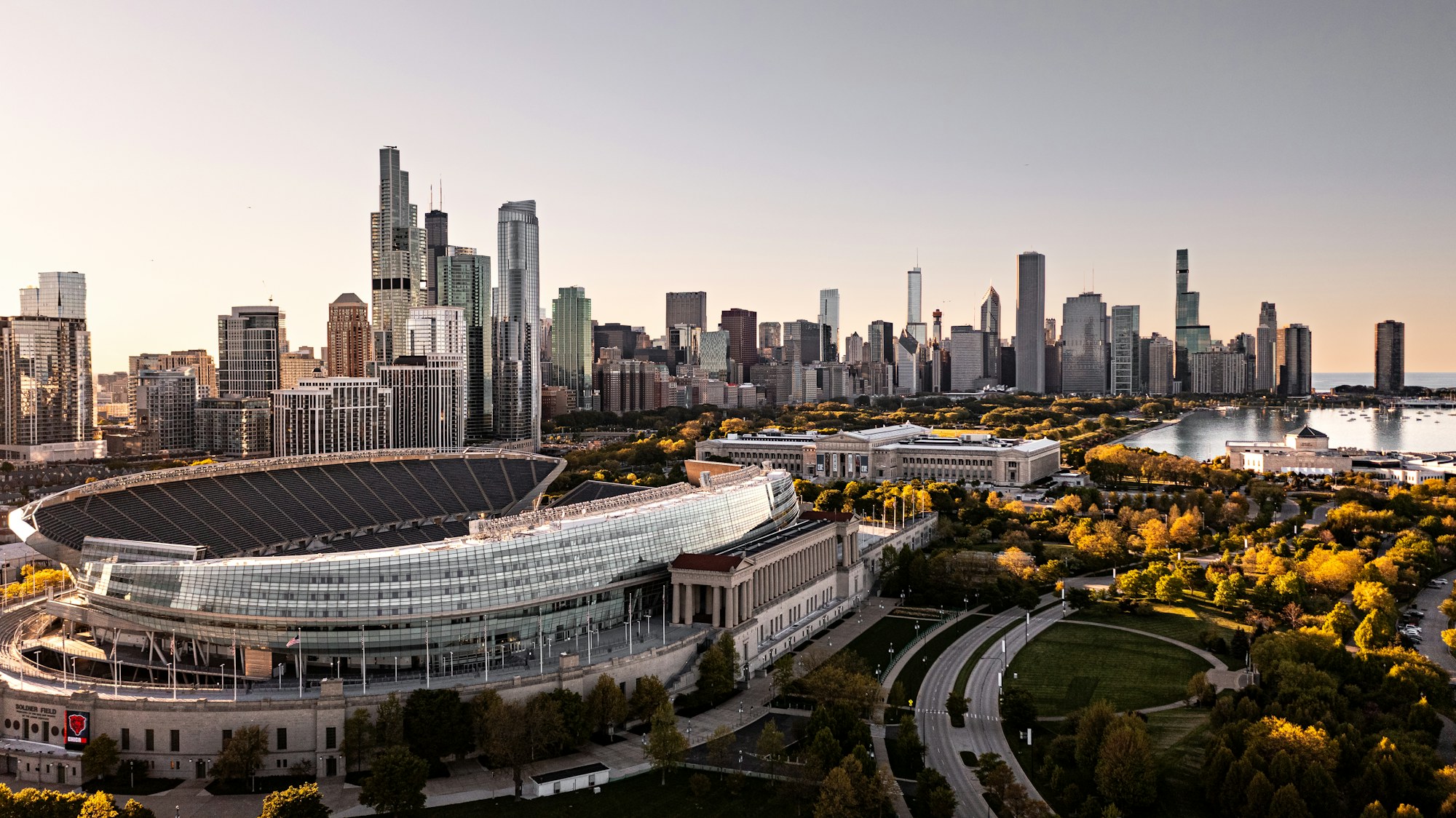 Soldier Field and the Museum Campus on the Chicago lakefront from the air.