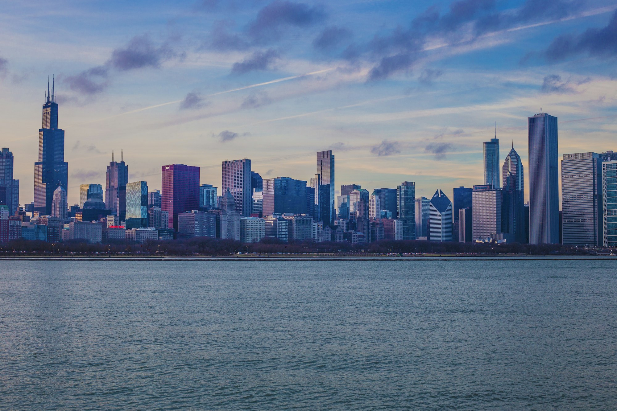 The Chicago skyline along the Lake Michigan shore.