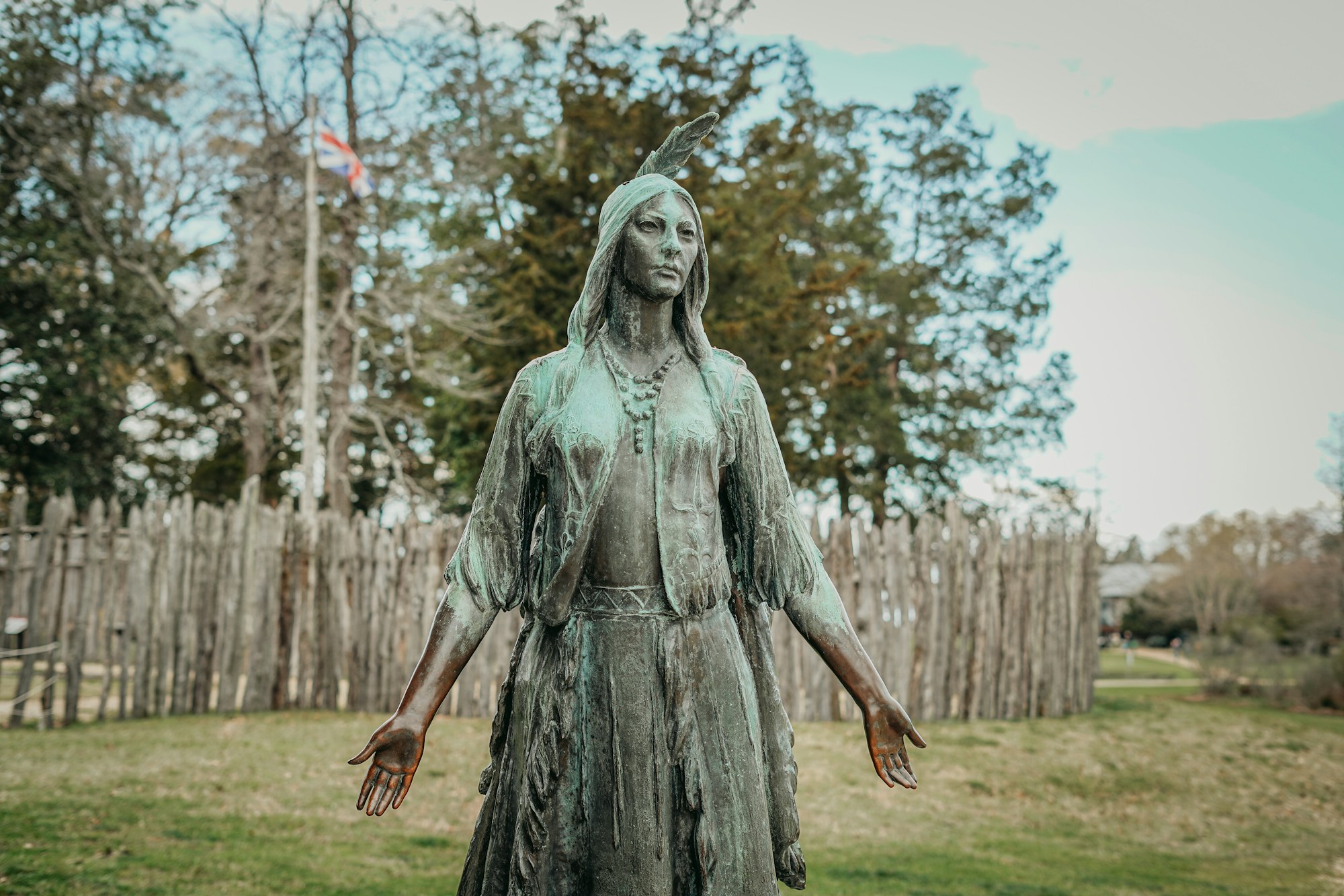 The Pocahontas statue at Historic Jamestowne, where students examine archaeological evidence.