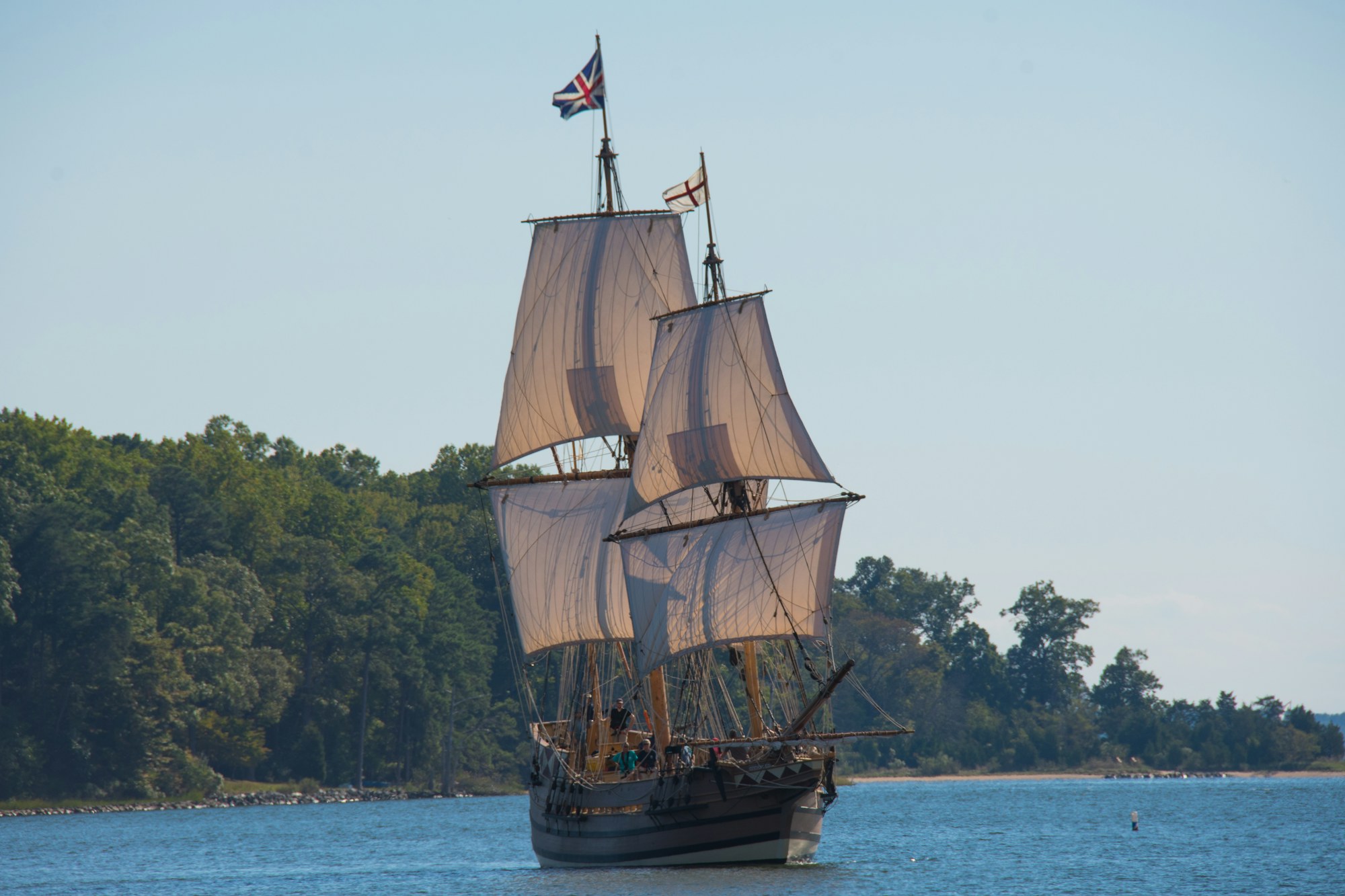 A replica sailing ship of the Jamestown settlement under sail.