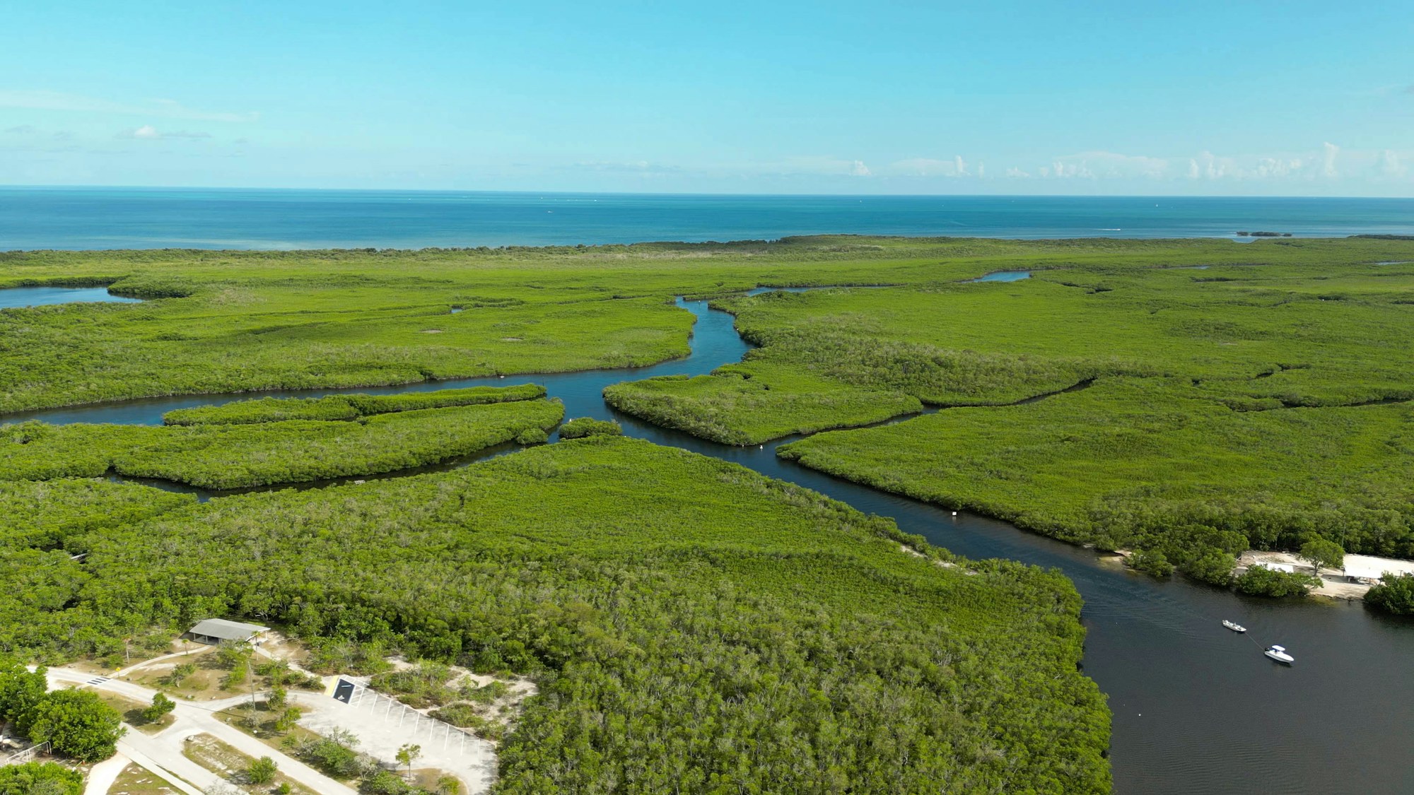 A winding water channel through coastal wetlands beside the sea.
