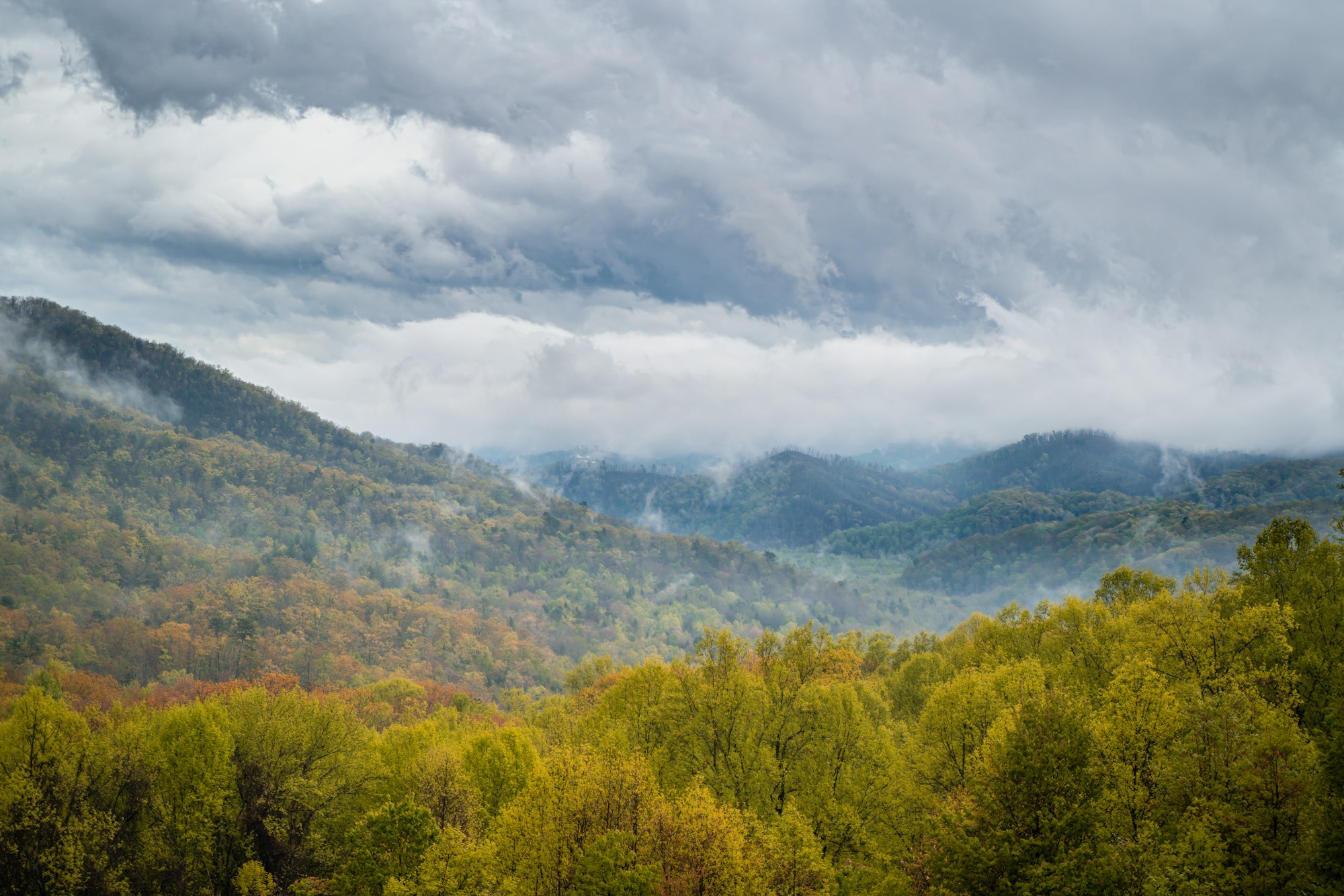 Cloud breaking over the ridgeline in the Great Smoky Mountains.