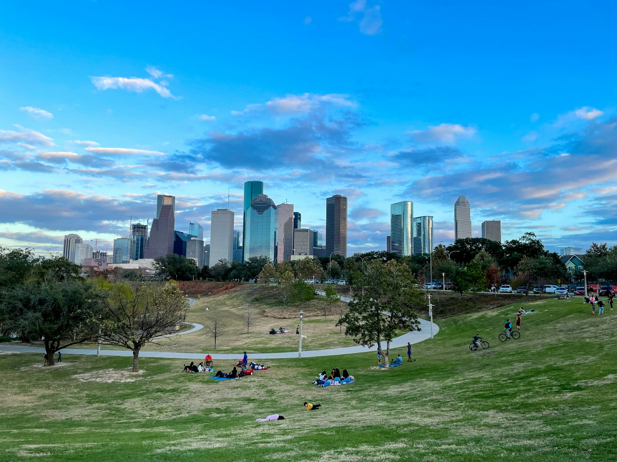 The lawn at Hermann Park with the Houston skyline beyond.