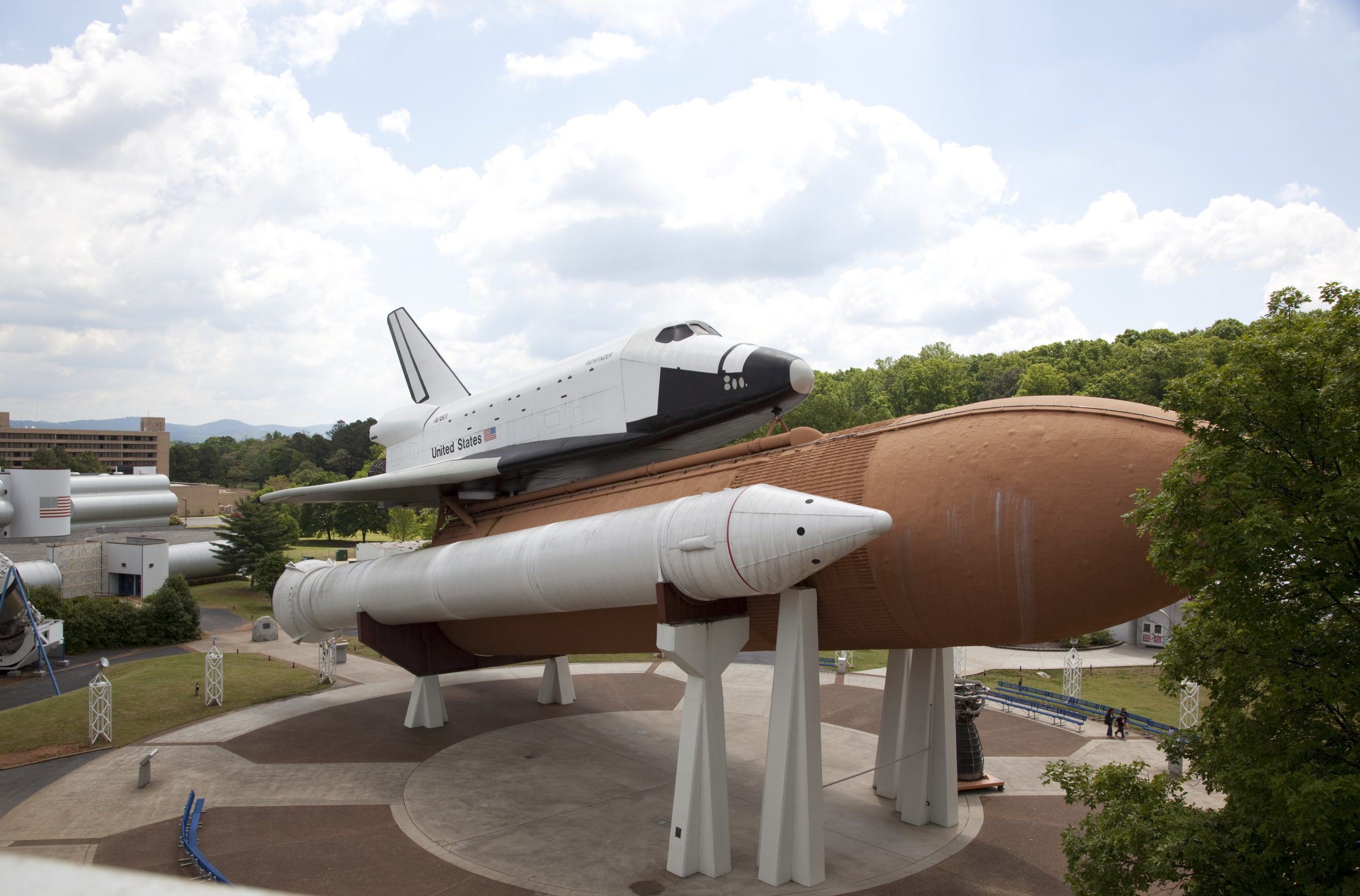 The Pathfinder shuttle mock-up with its external tank and boosters at the U.S. Space and Rocket Center, Huntsville.