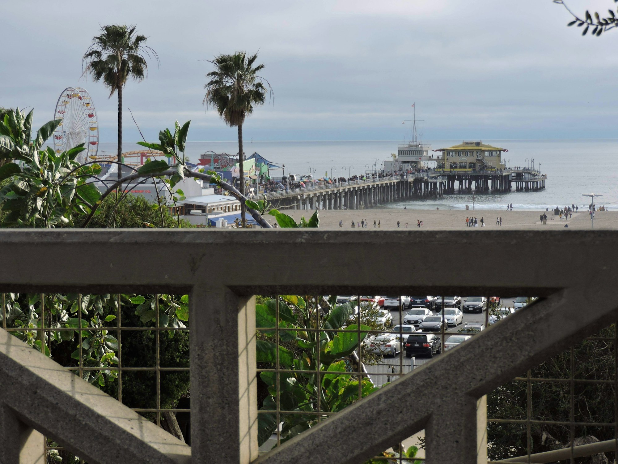 The Santa Monica Pier seen from the bluff above the coast highway.
