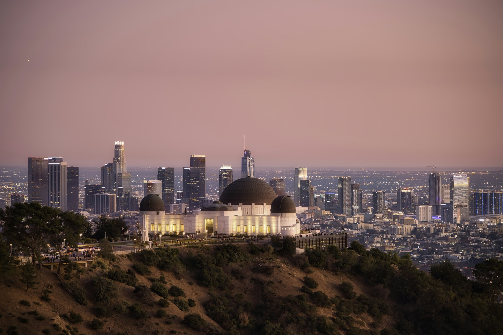 Griffith Observatory above Los Angeles at sunset.