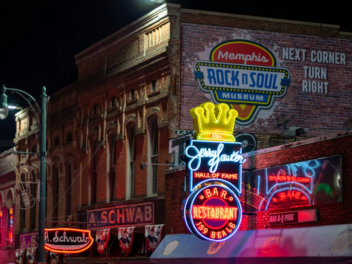 Museum and club signage along Beale Street in Memphis.
