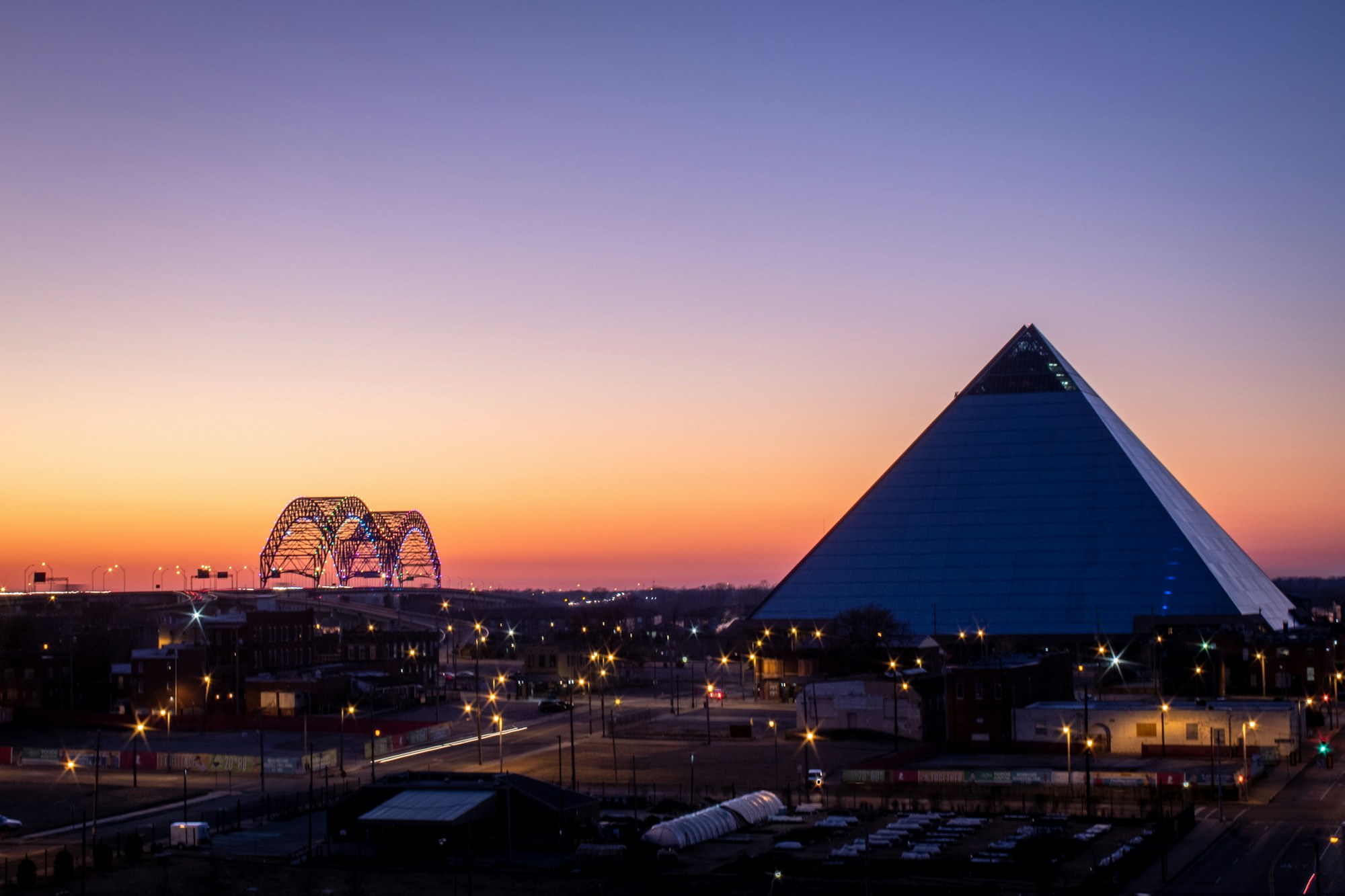 The Memphis skyline and the Pyramid at sunset.