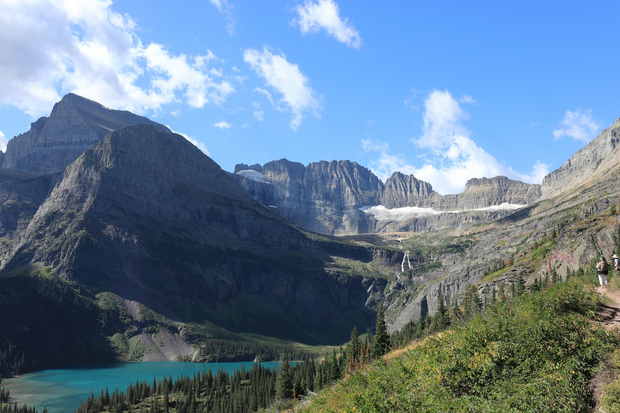 A cirque and its lake below the ridge in Glacier National Park.