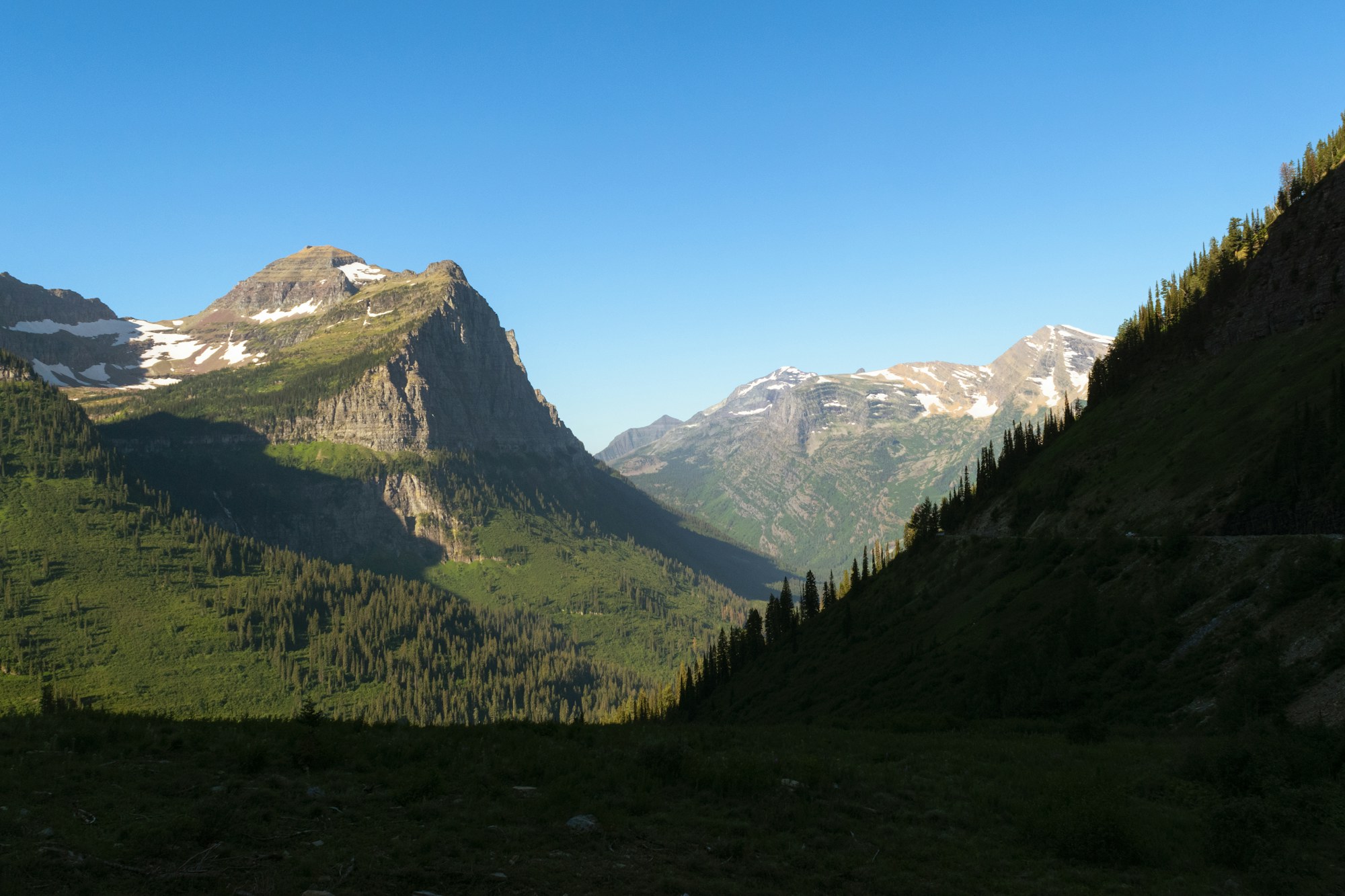 A peak above forested slopes in Glacier National Park.
