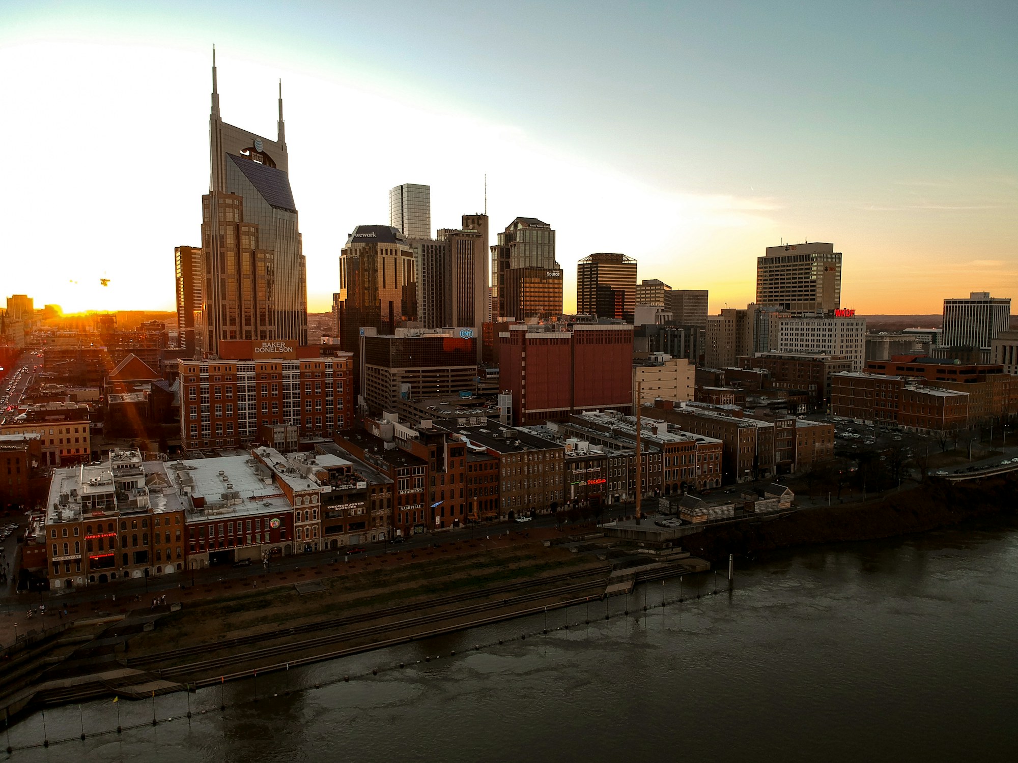 Downtown Nashville at sunset from across the rail yards.