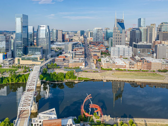 Nashville from the air, with the river and the pedestrian bridge.