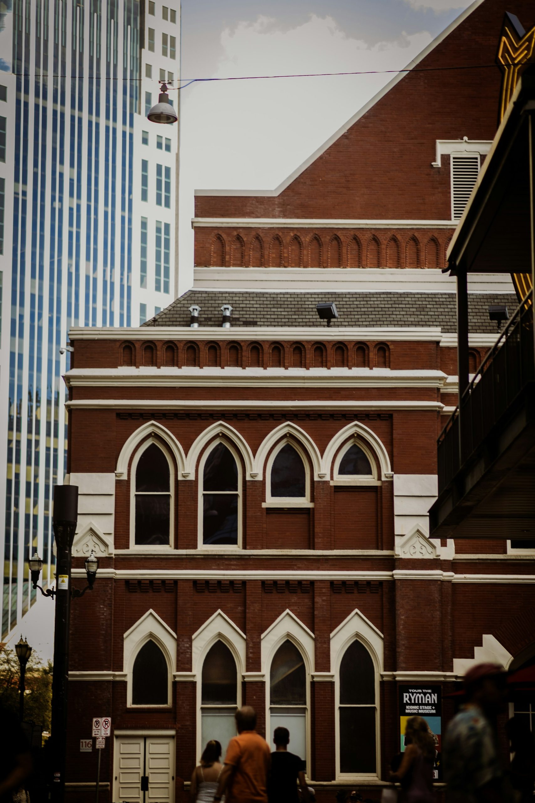 The brick arches of the Ryman Auditorium facade.