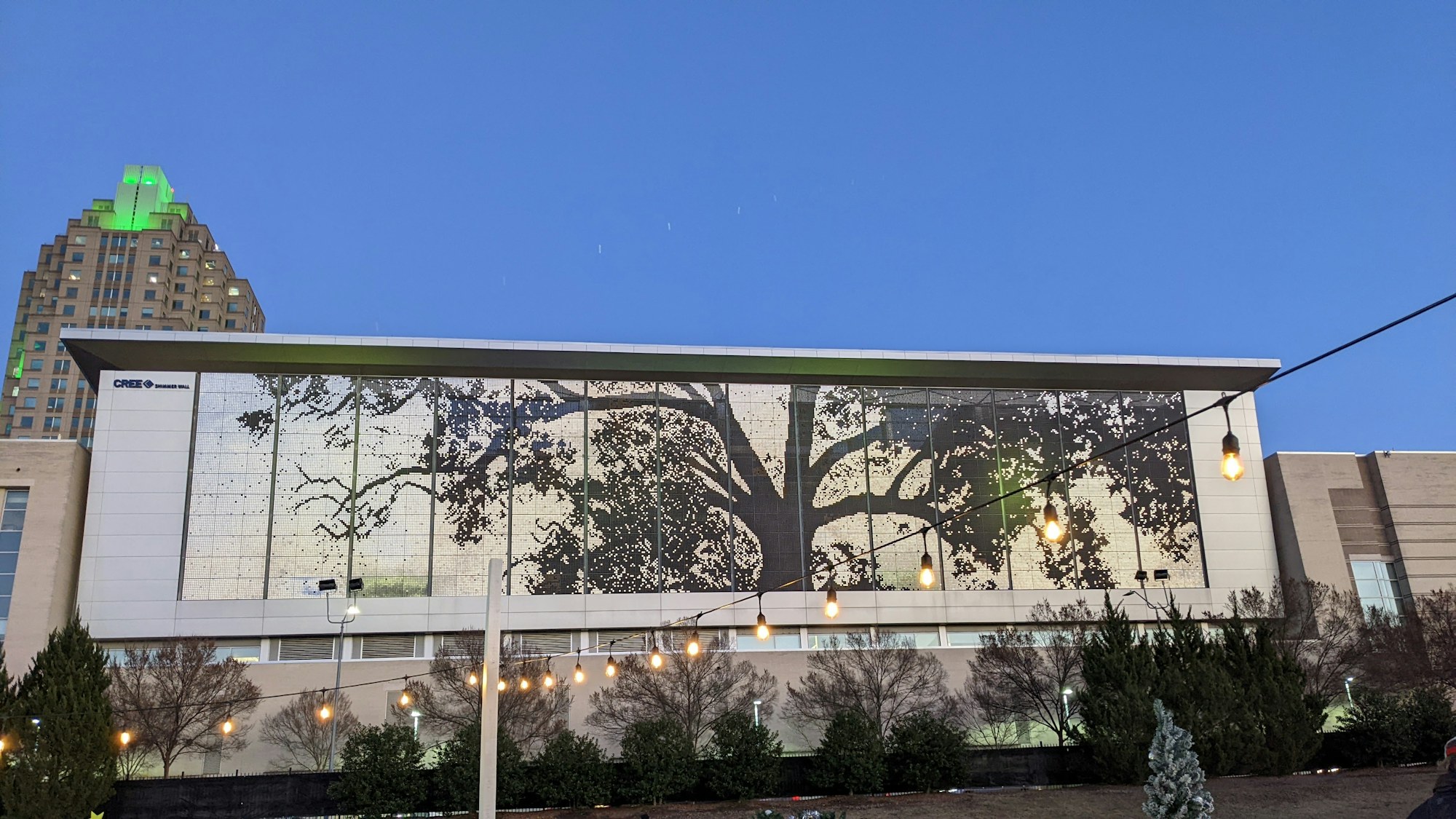 The oak-tree Shimmer Wall on the Raleigh Convention Center.