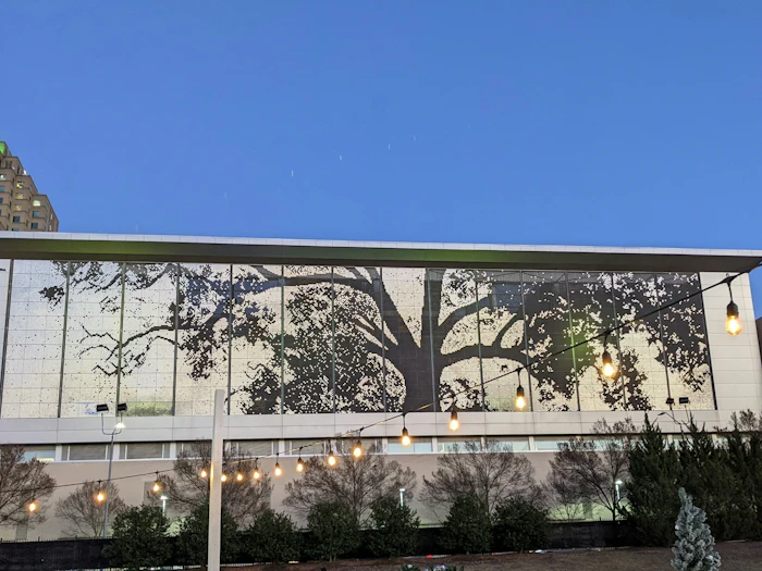 The oak-tree Shimmer Wall on the Raleigh Convention Center.