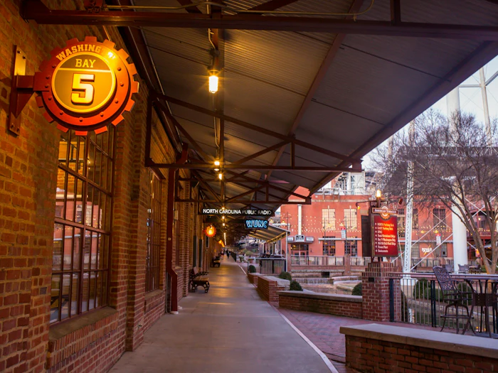 The arcade of the American Tobacco Campus in Durham.