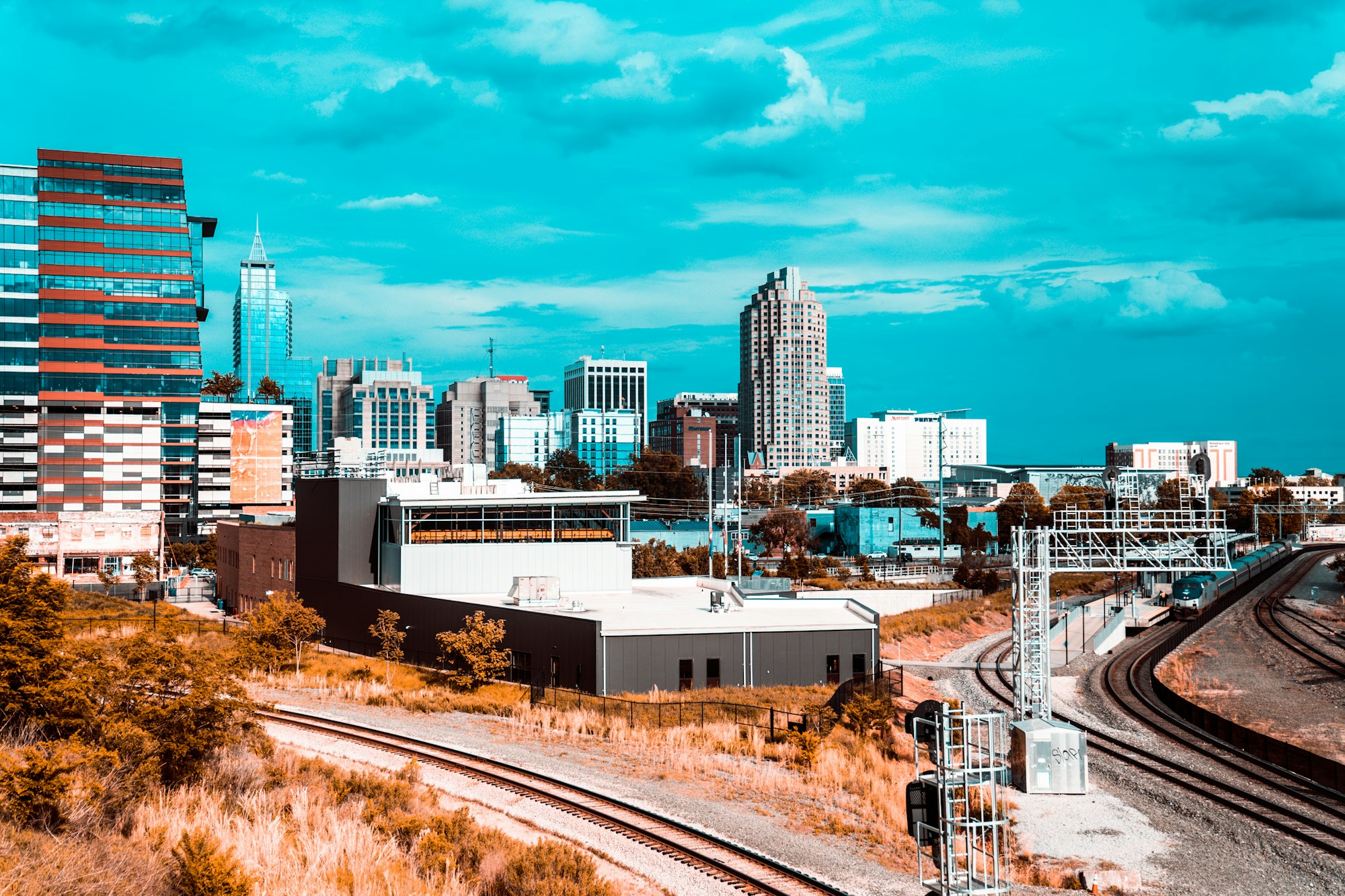 The Raleigh skyline above the rail corridor in North Carolina.