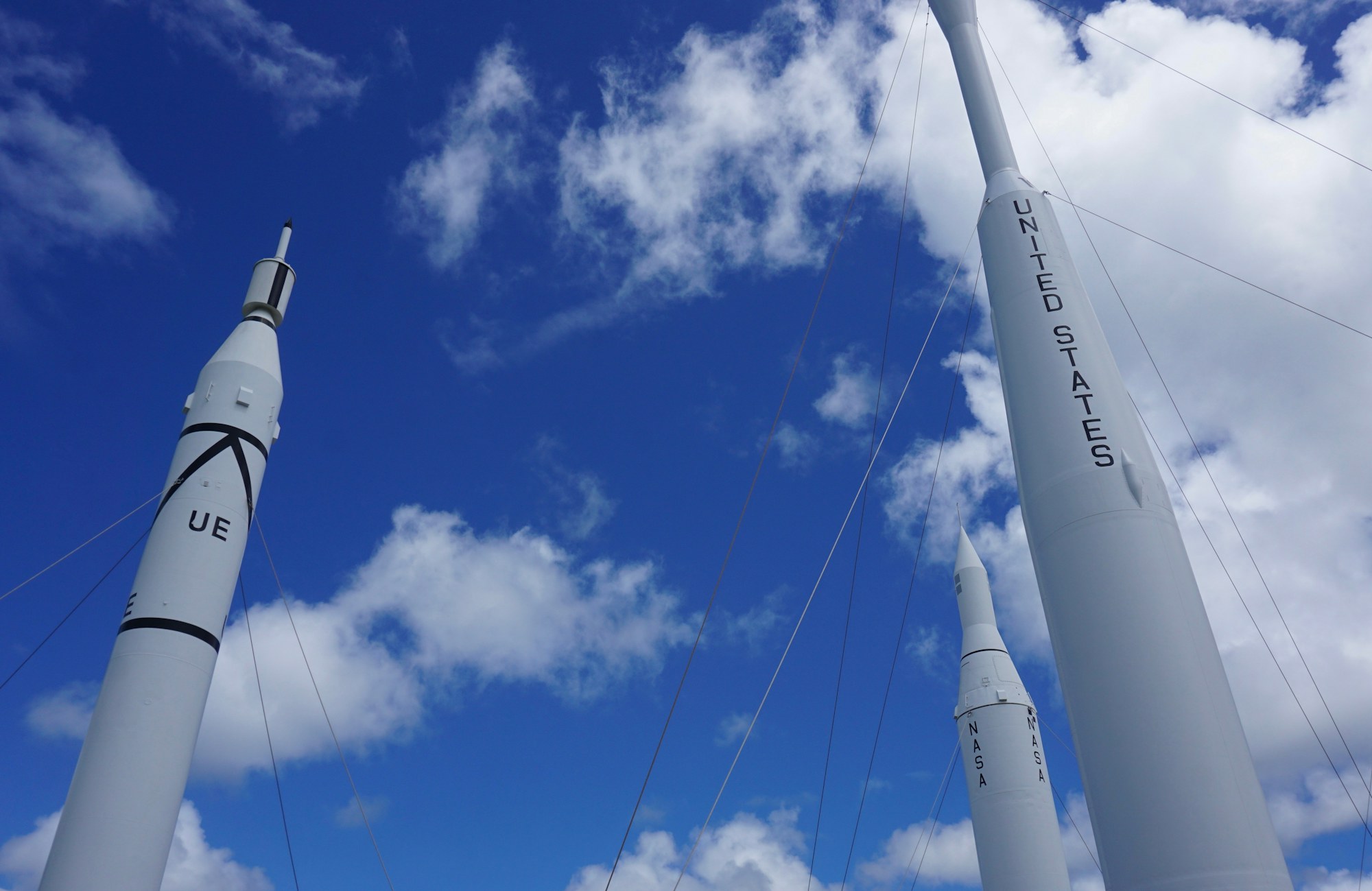 Launch vehicles standing in the Rocket Garden at Kennedy Space Center.