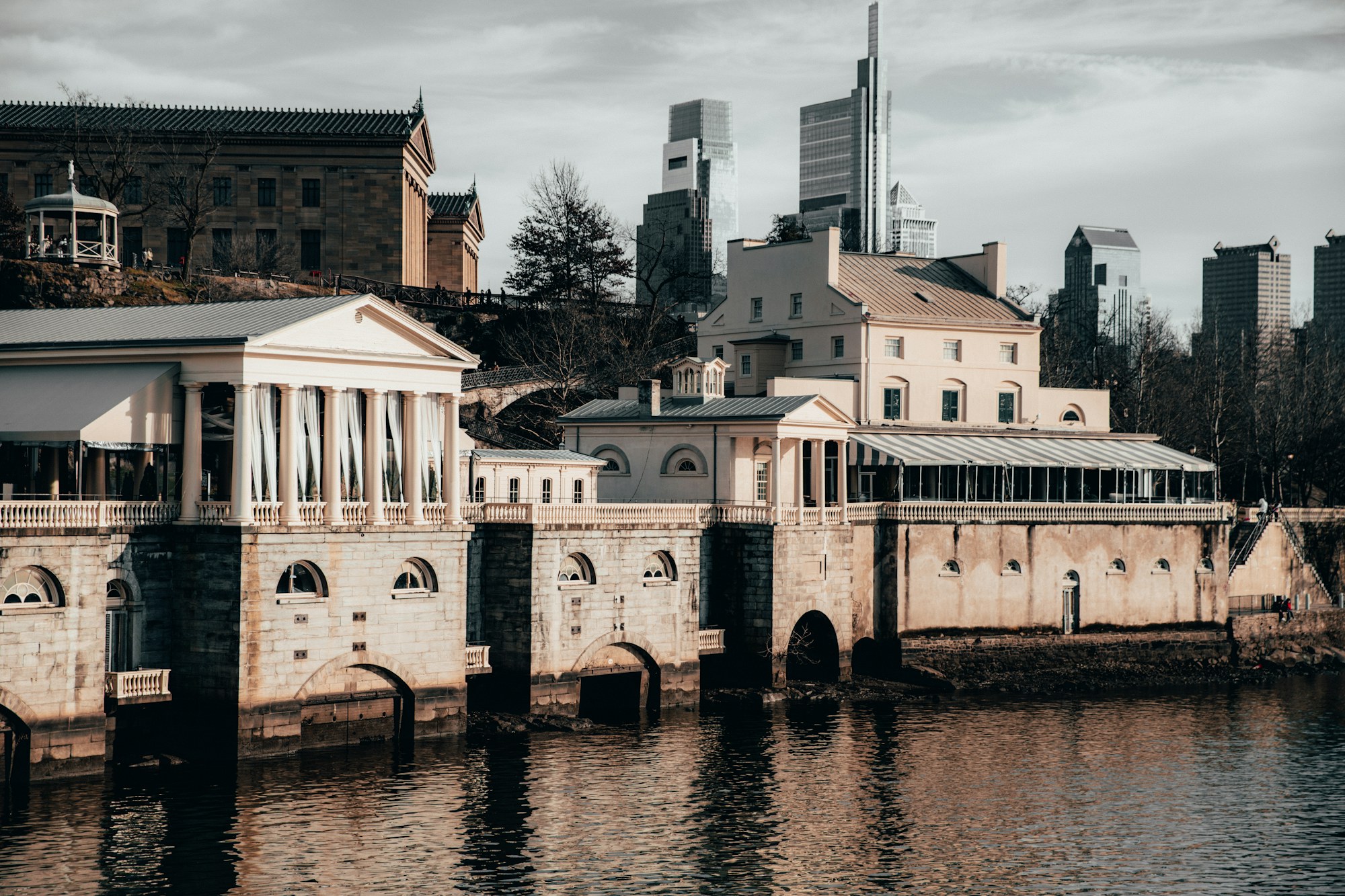 Historic Fairmount Water Works beside the Schuylkill River in Philadelphia.