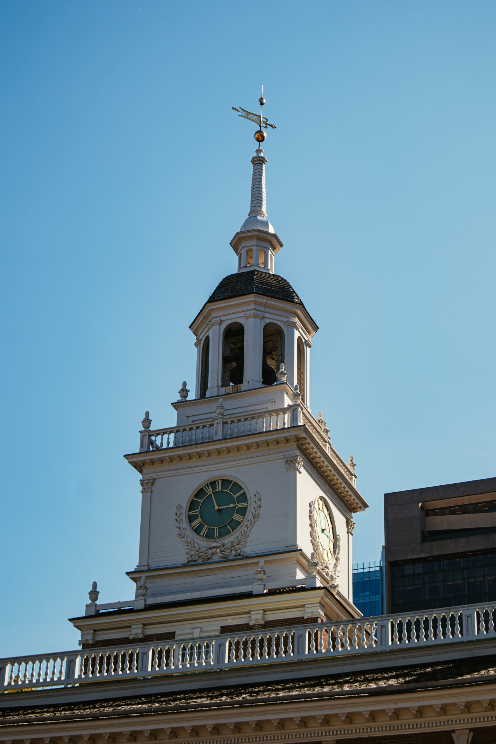 The clock tower above Independence Hall in Philadelphia.