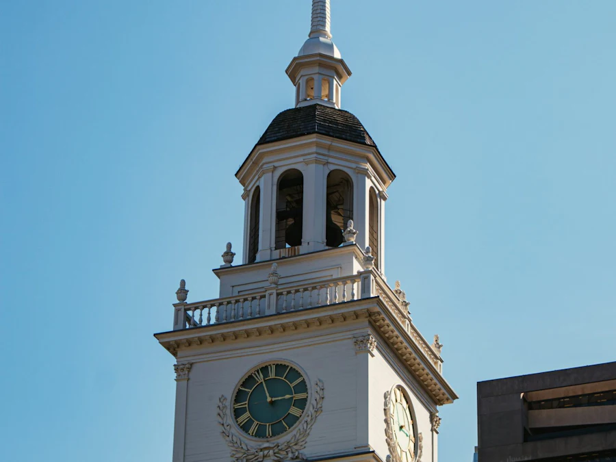 The clock tower above Independence Hall in Philadelphia.