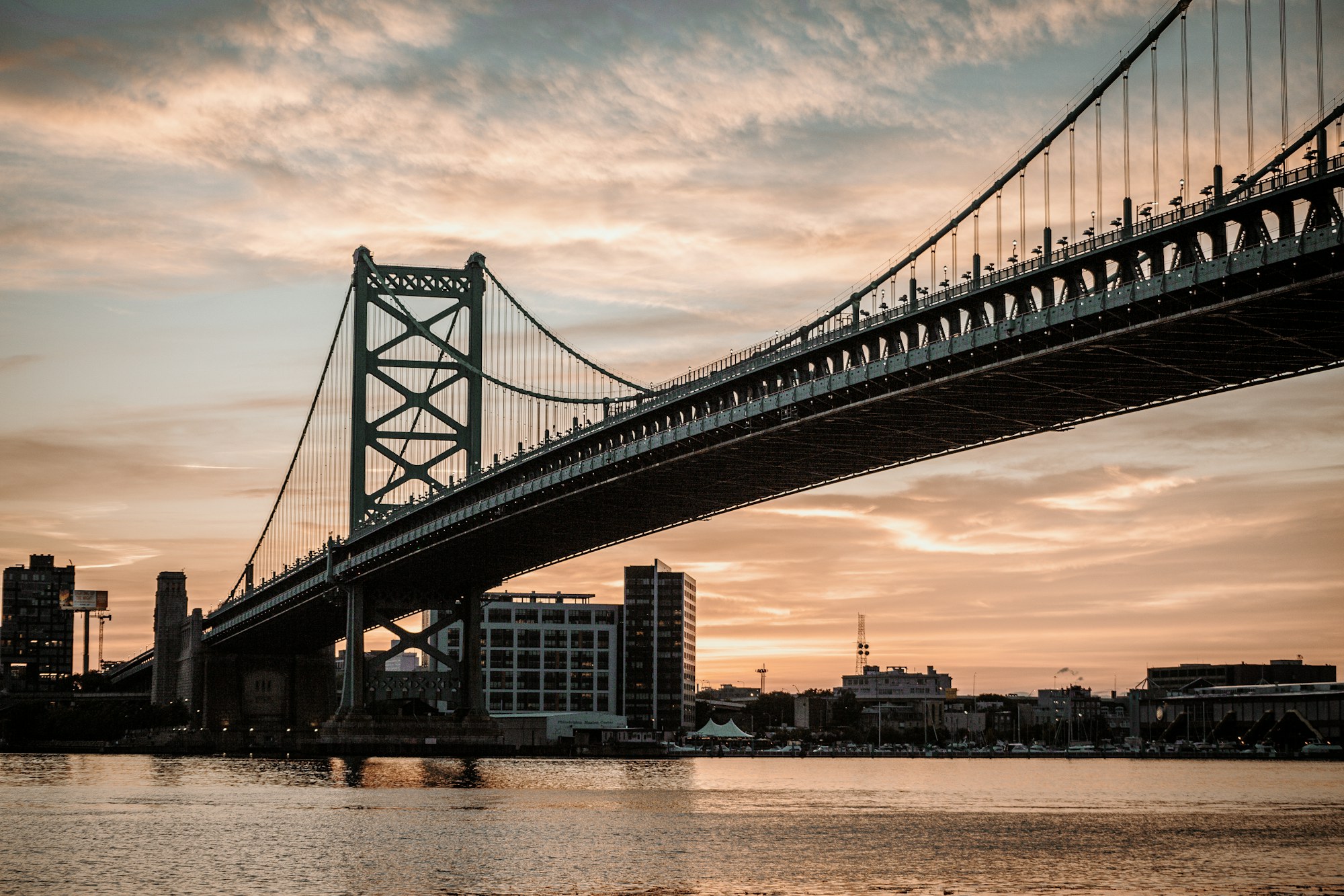 The Benjamin Franklin Bridge over the Delaware River at Philadelphia.
