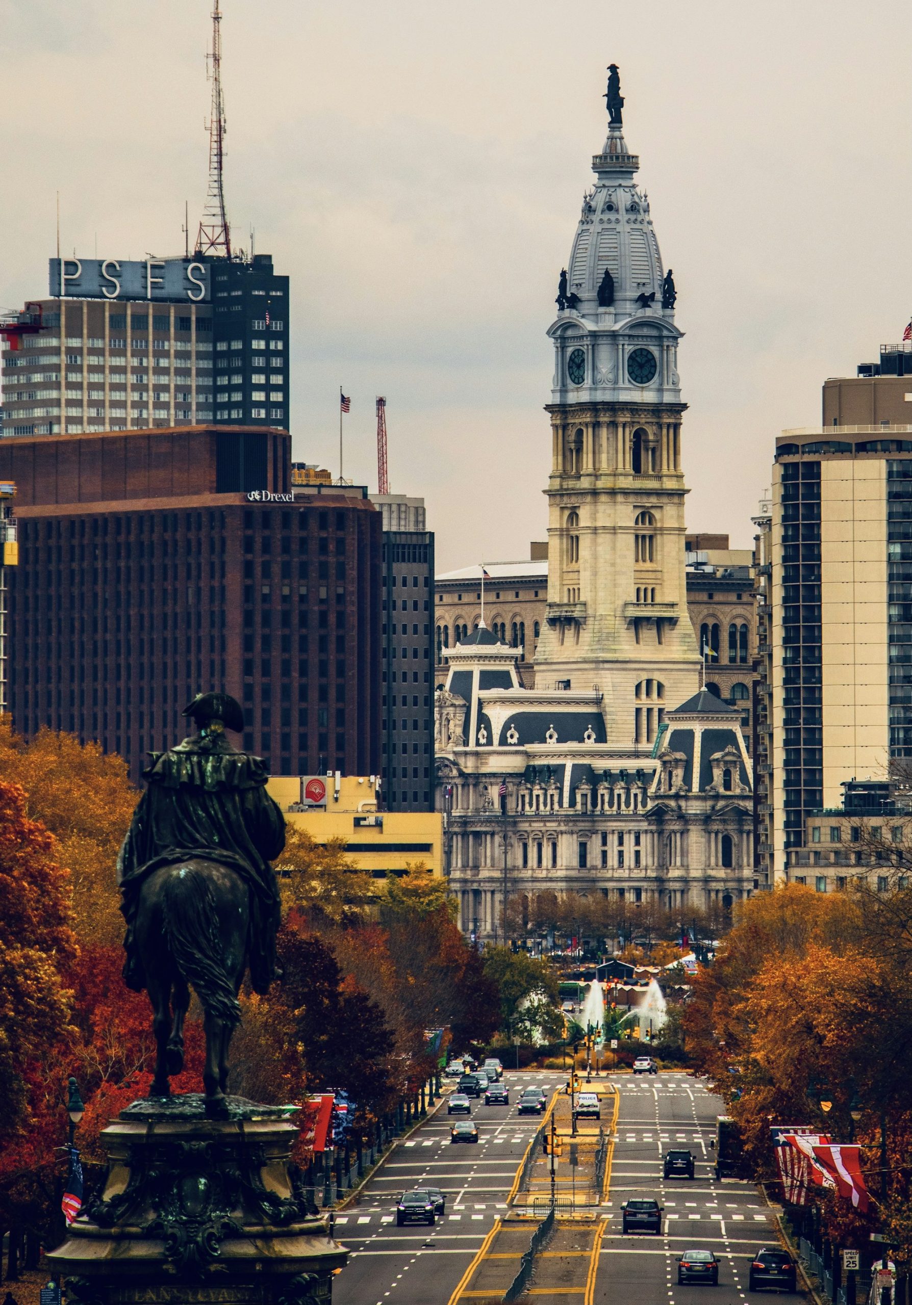 Philadelphia City Hall above the surrounding streets in autumn.