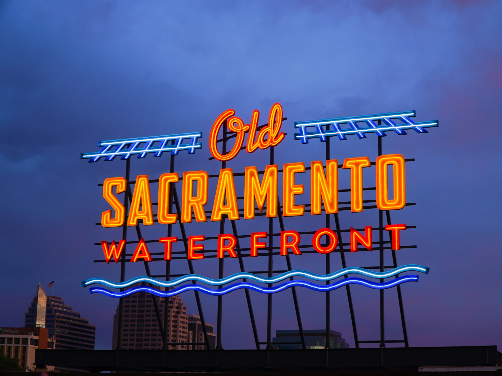 Old Sacramento Waterfront sign above the historic river district included in the civics route.