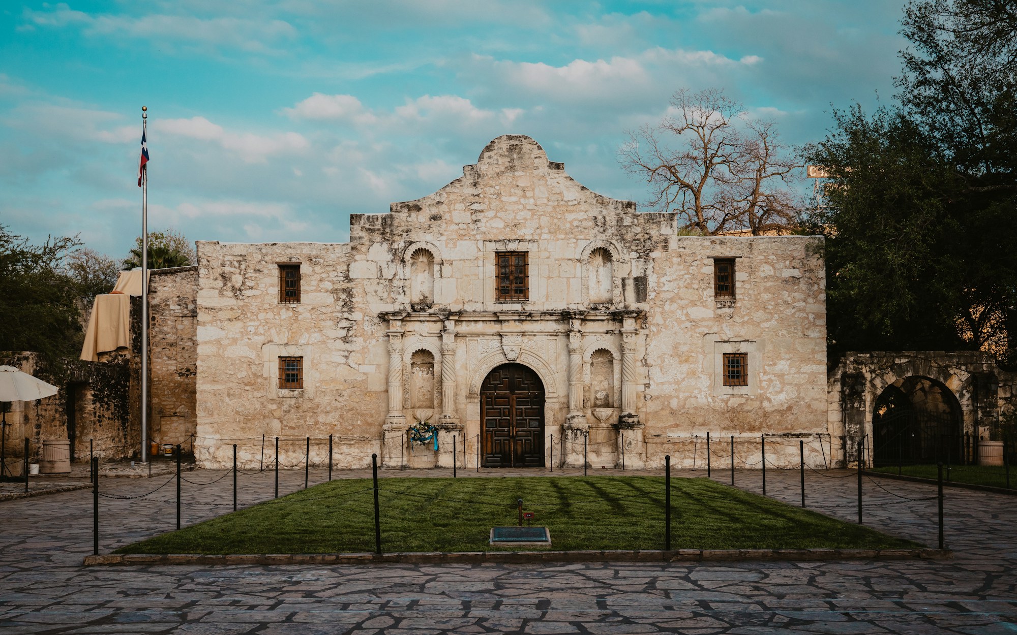 The limestone facade of the Alamo in downtown San Antonio.