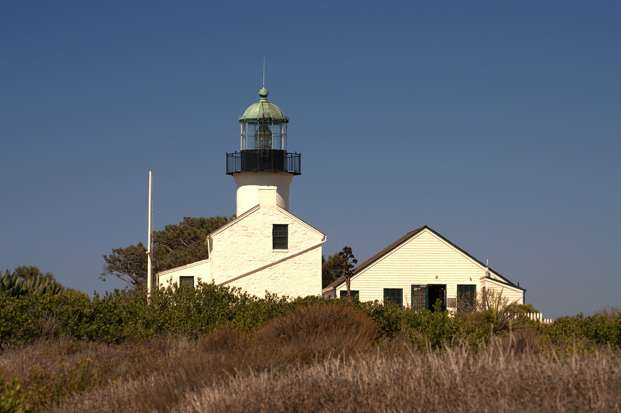 Old Point Loma Lighthouse above the coast at Cabrillo National Monument.
