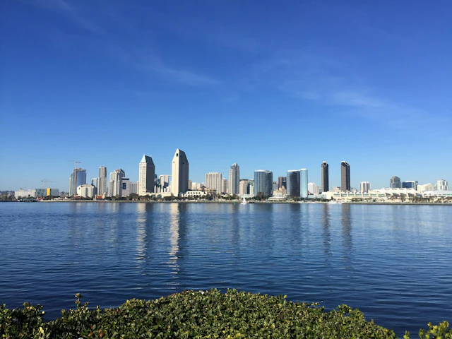 The San Diego skyline across the bay.