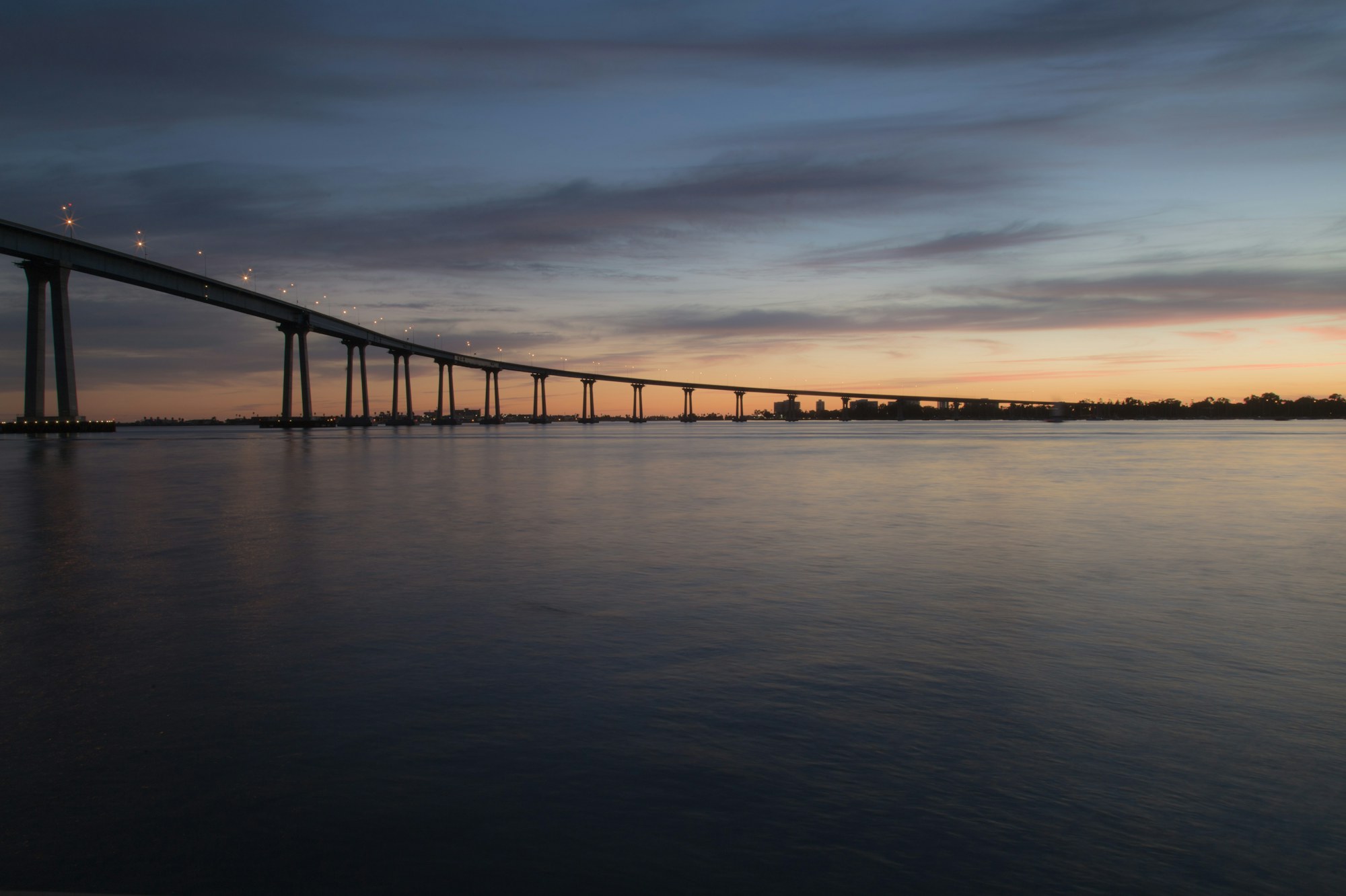 The Coronado Bridge across San Diego Bay at dusk.