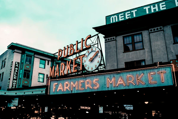 Pike Place Market, where students investigate food budgets and the local economy.