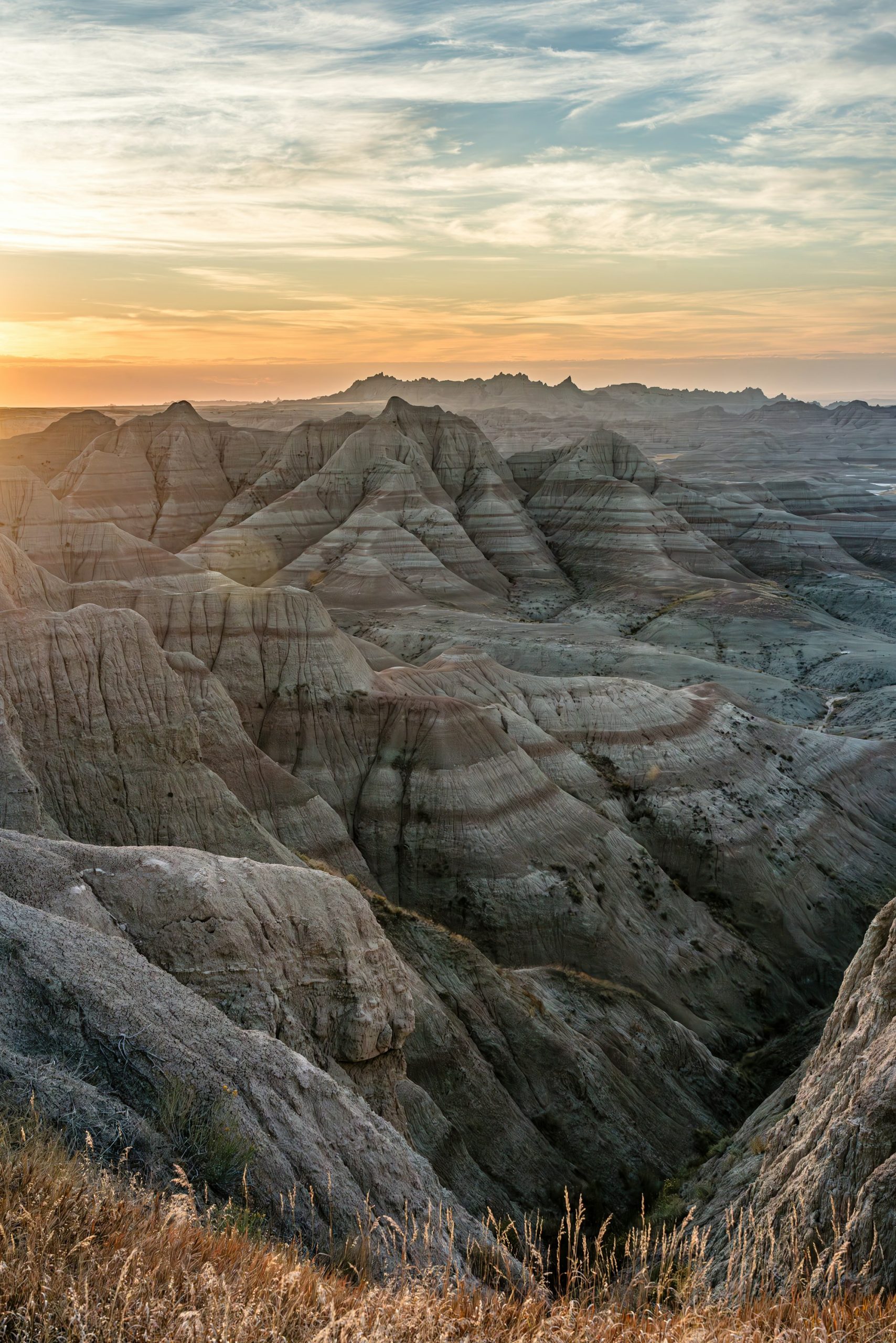The banded strata of the Badlands in South Dakota.