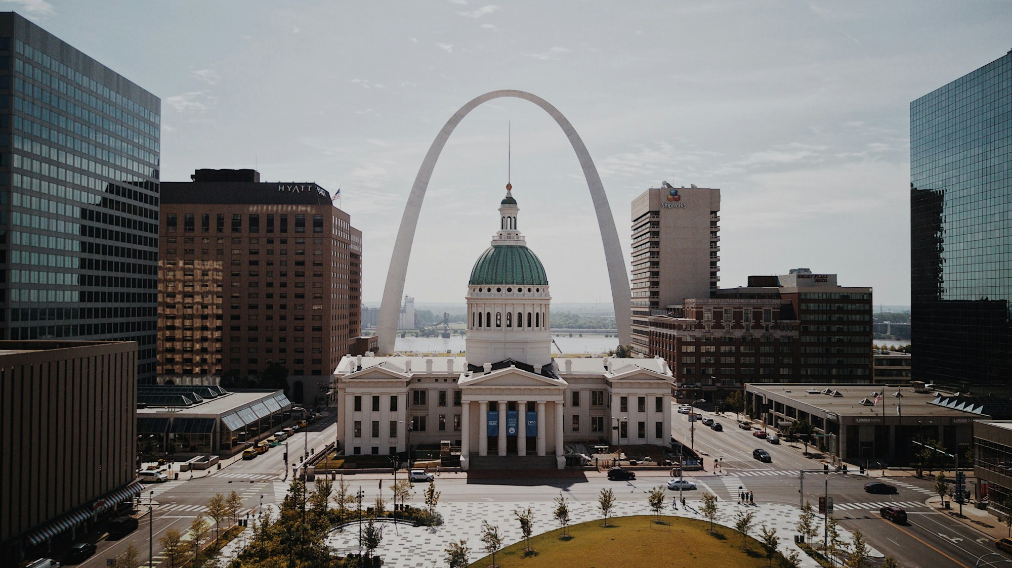 The Old Courthouse dome framed by the Gateway Arch in St. Louis.