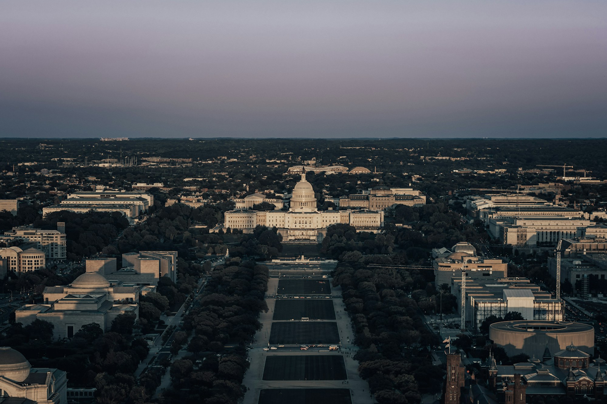 Washington’s National Mall and museum district, viewed from above.
