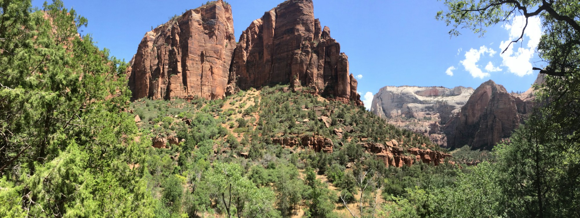 The Angels Landing monolith seen from the Zion canyon floor; the chain route is not part of this itinerary.