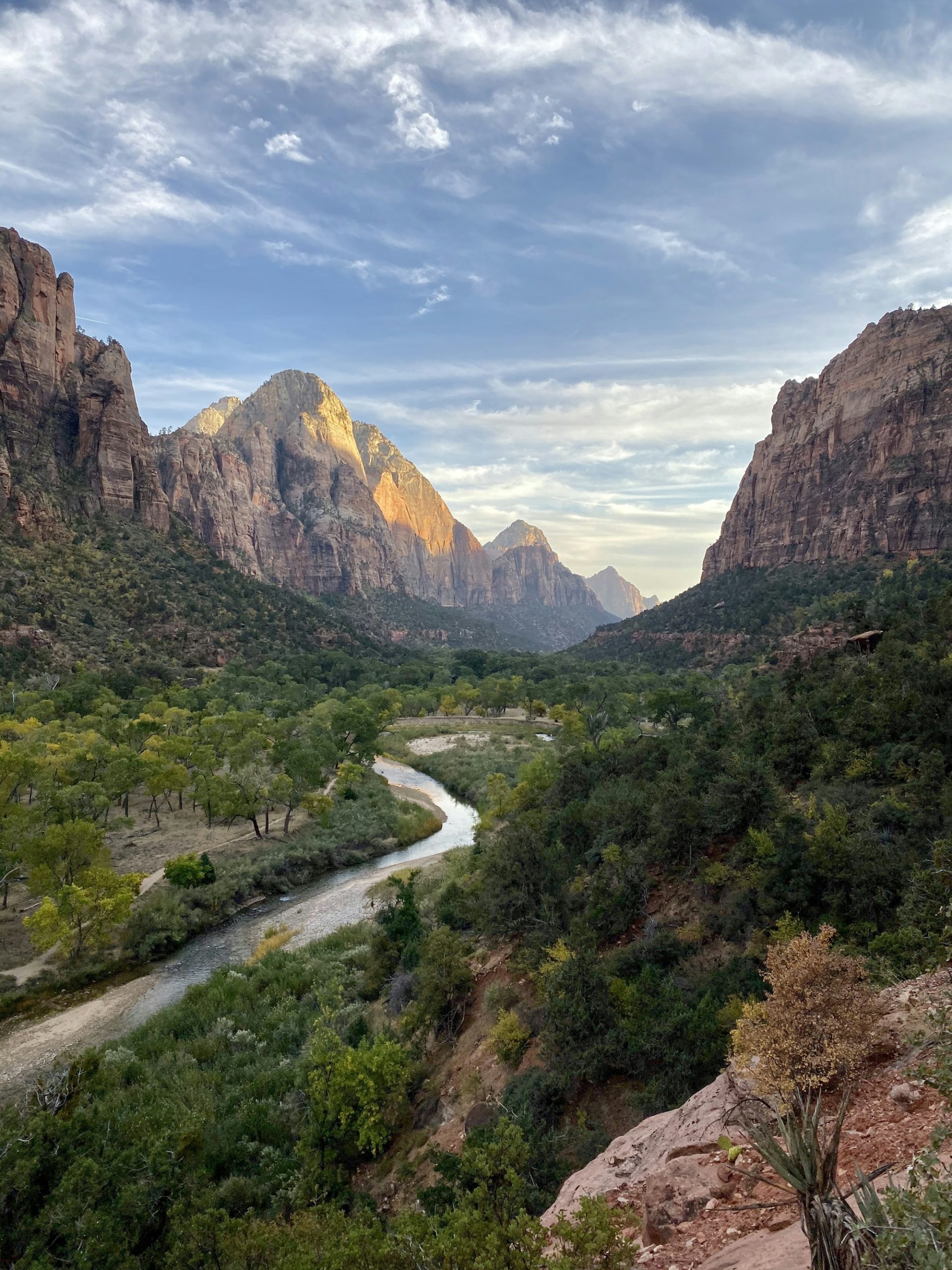 Zion Canyon and the Virgin River below the sandstone walls.