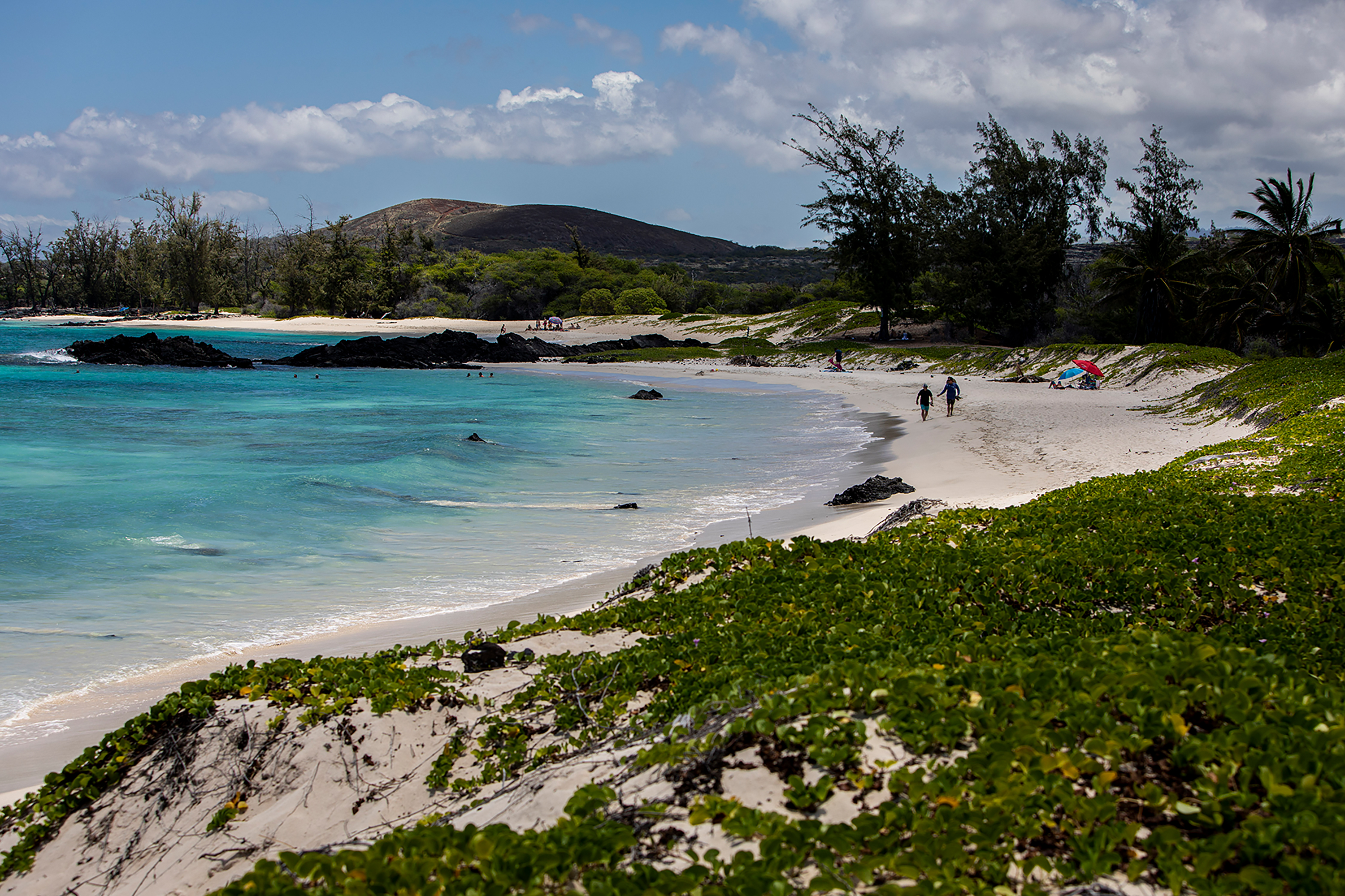 Picture of beach in Hawaii with view of the ocean, a mountain, and people in the background.