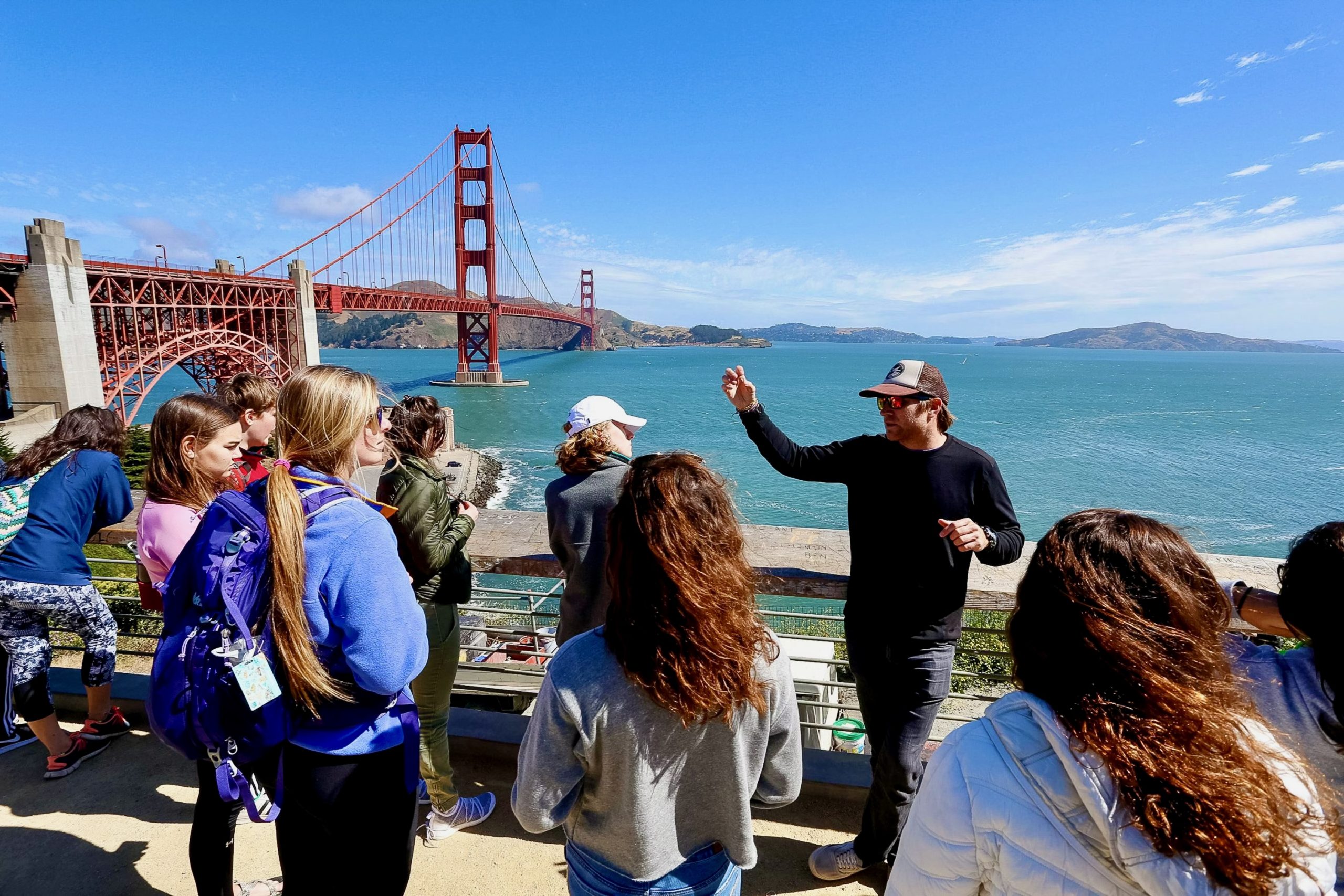 A school group on the headland above the Golden Gate Bridge.