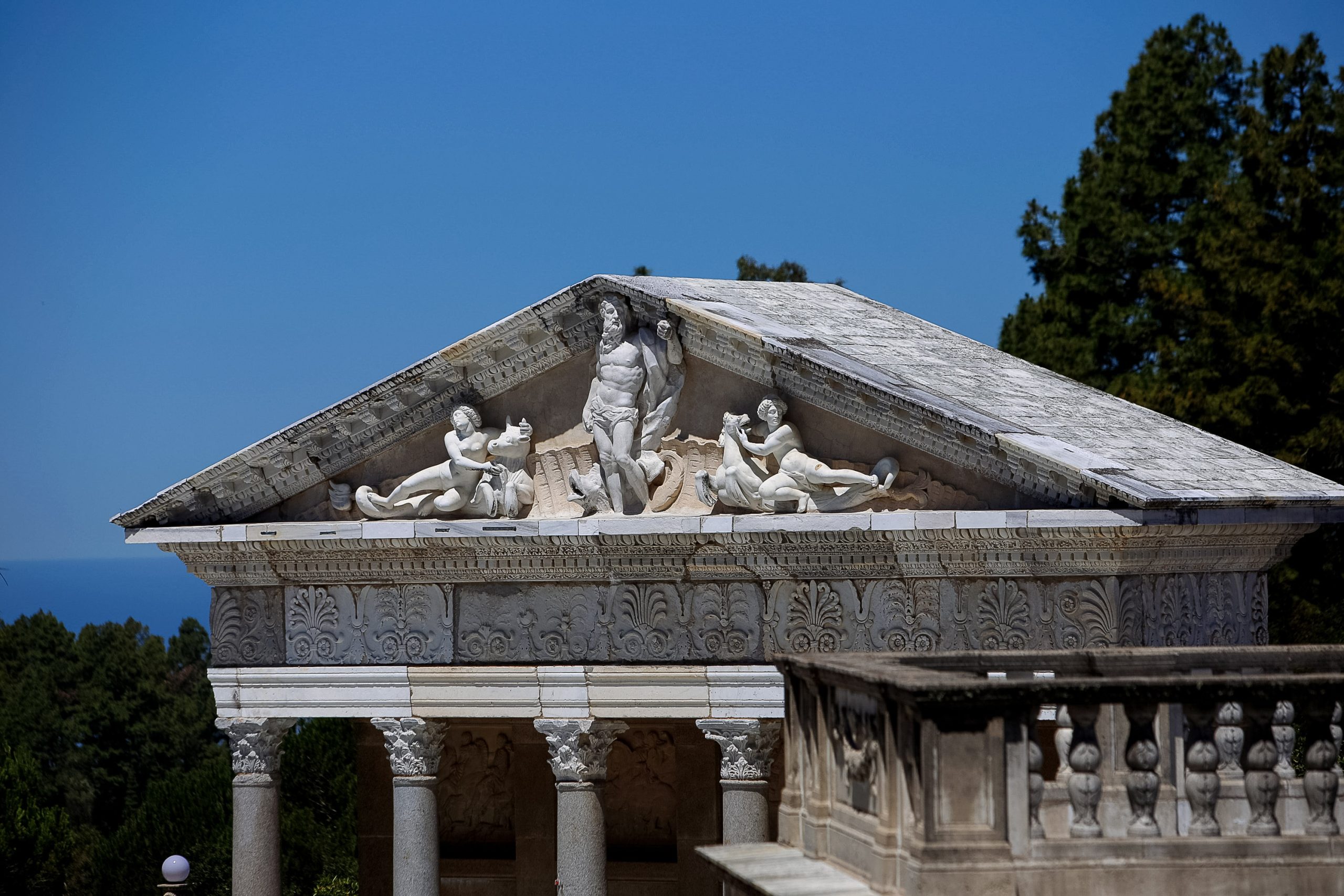 Ornate sculptures decorating the pediment of Hearst Castle in California.