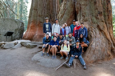 A group of teens posing in front of giant sequoia trees in a California forest during a teen tour in the Americas.