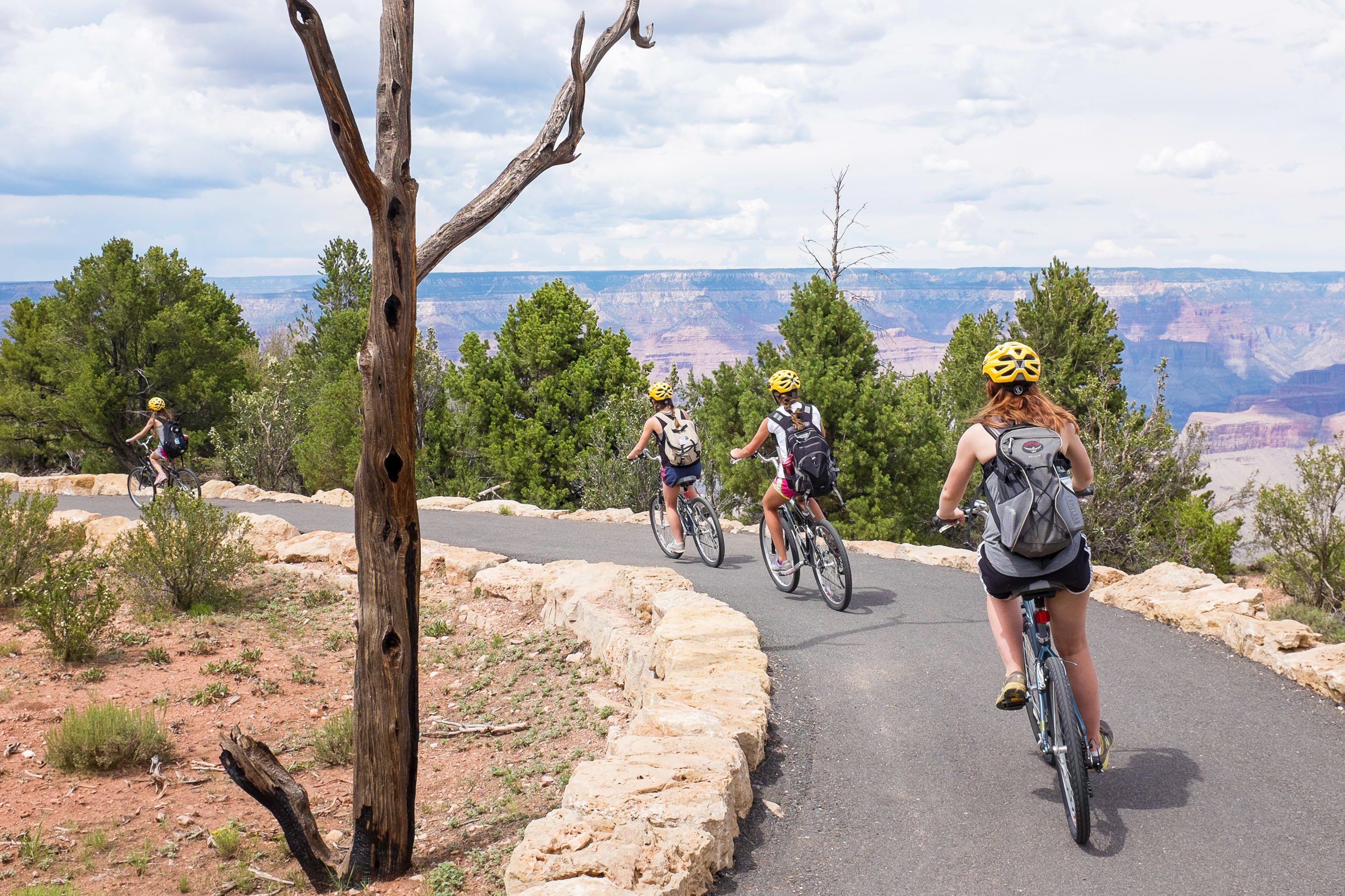 Students in helmets bike a paved path along the Grand Canyon rim