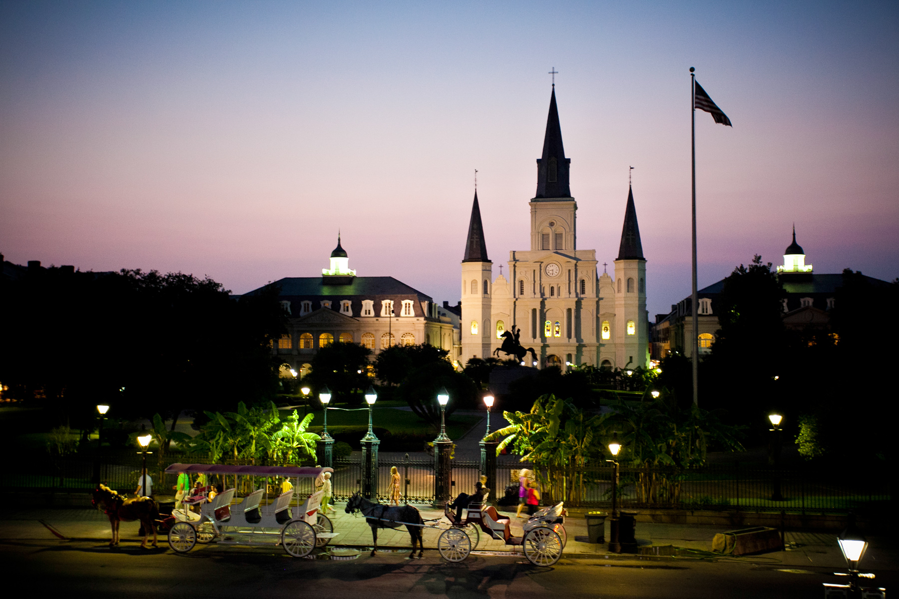 St Louis Cathedral above Jackson Square at dusk.