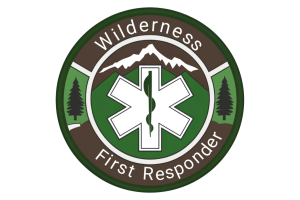 Patch design for Wilderness First Responder, featuring a circular emblem with a white medical cross in the center against a green background, flanked by mountain peaks, pine trees, and a brown border with the text 'Wilderness First Responder' in white.