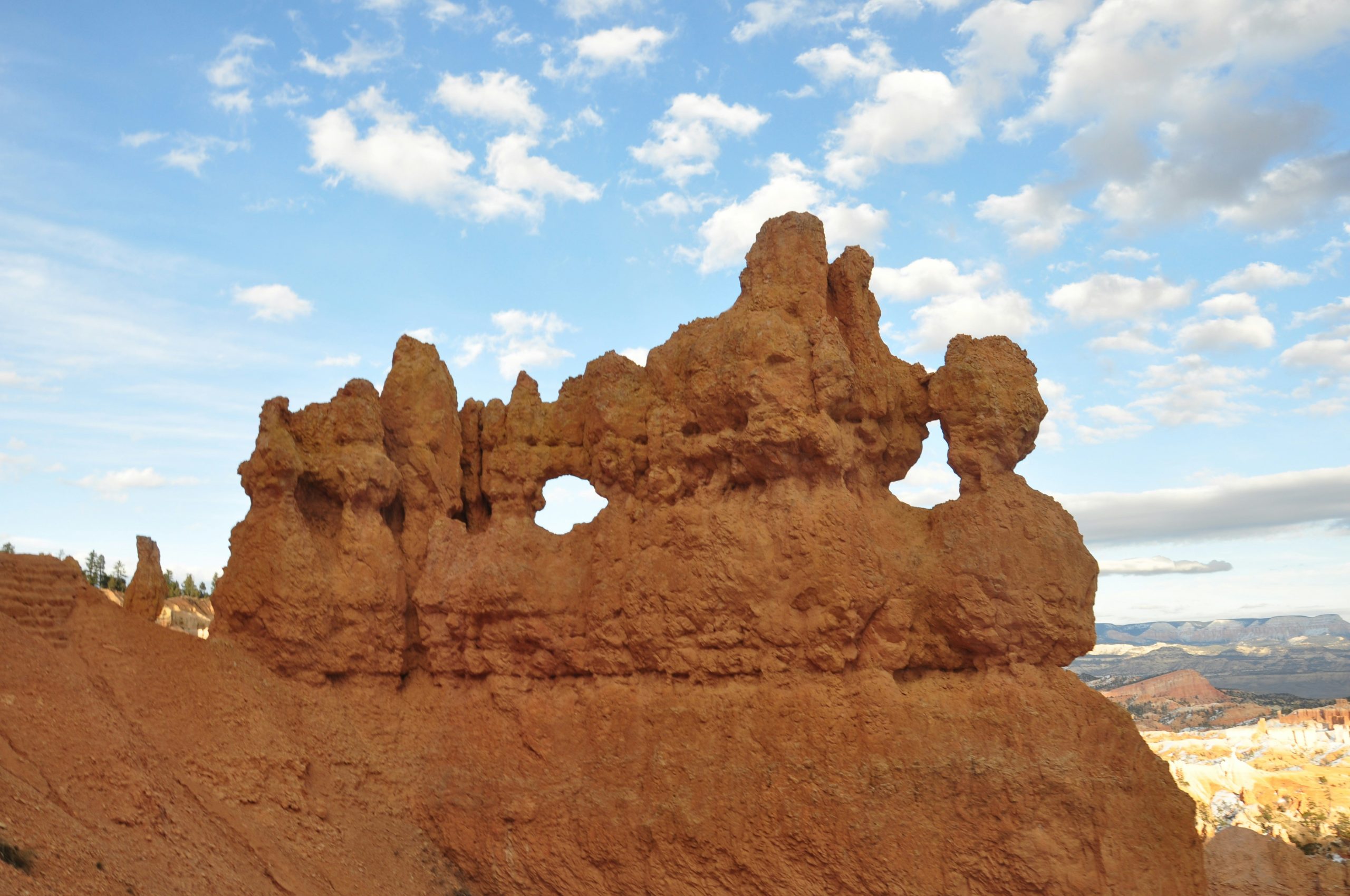 A sandstone fin with window openings on the Bryce Canyon rim.