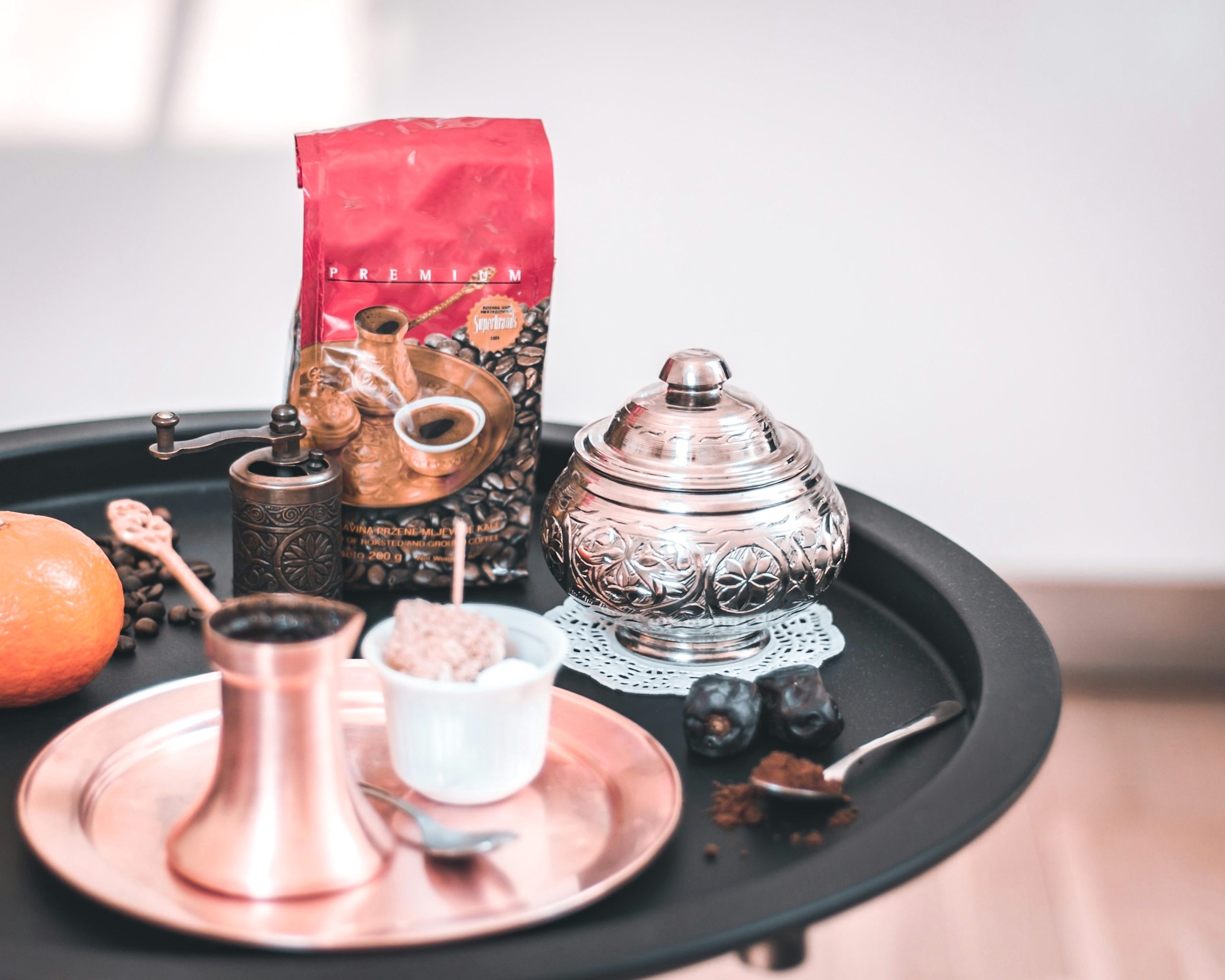 A table with the ingredients for Serbian coffee.
